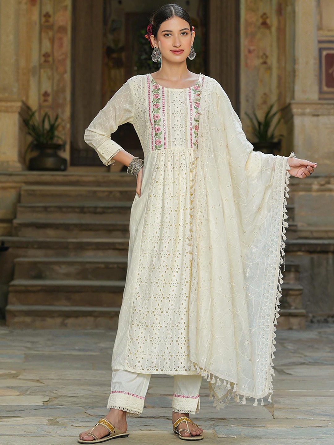 

SCAKHI Women White Embroidered Pure Cotton Kurta with Trouser & With Dupatta Set
