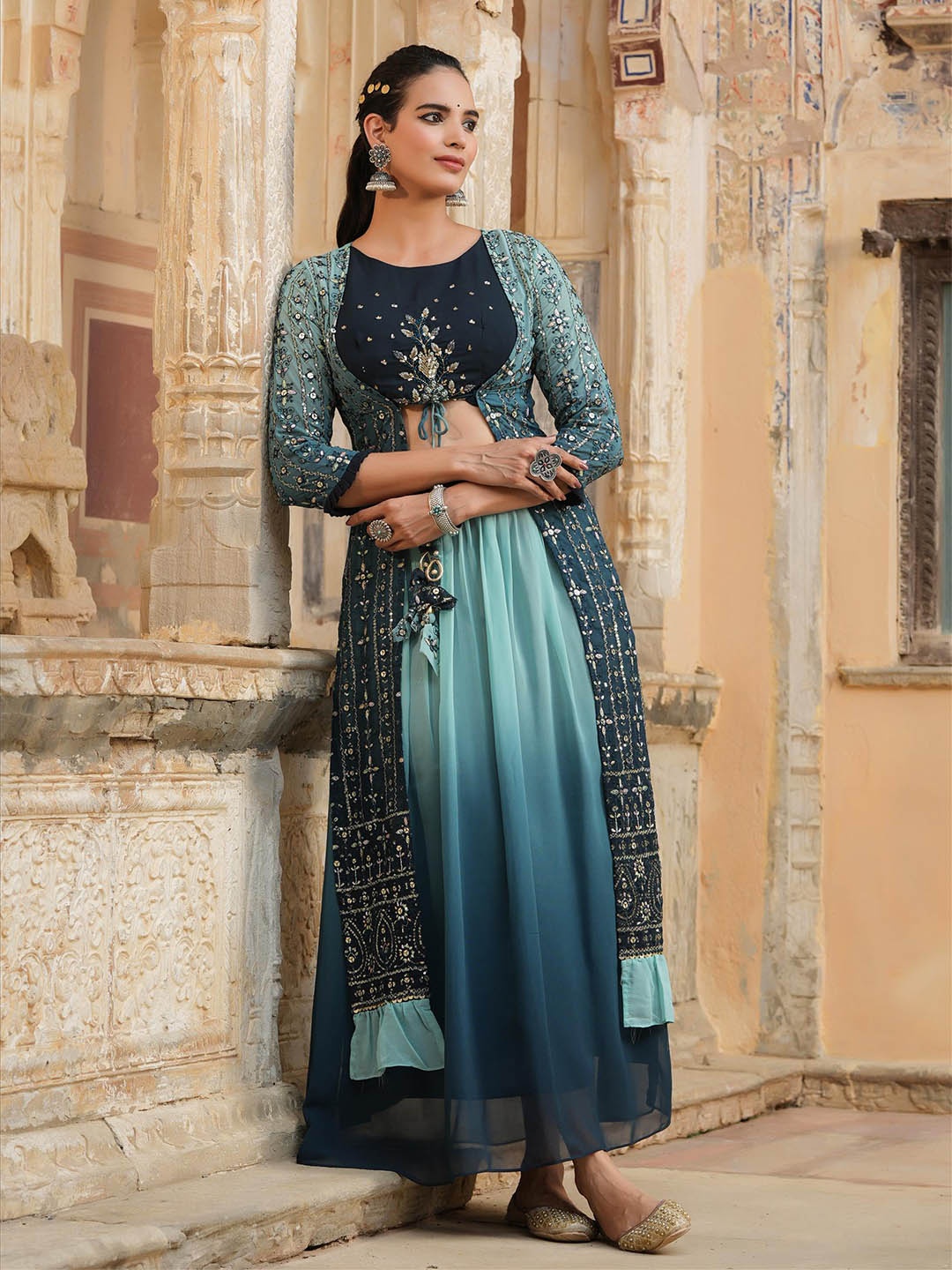 

SCAKHI Women Teal Floral Embroidered Sequinned Top with Skirt & Jacket