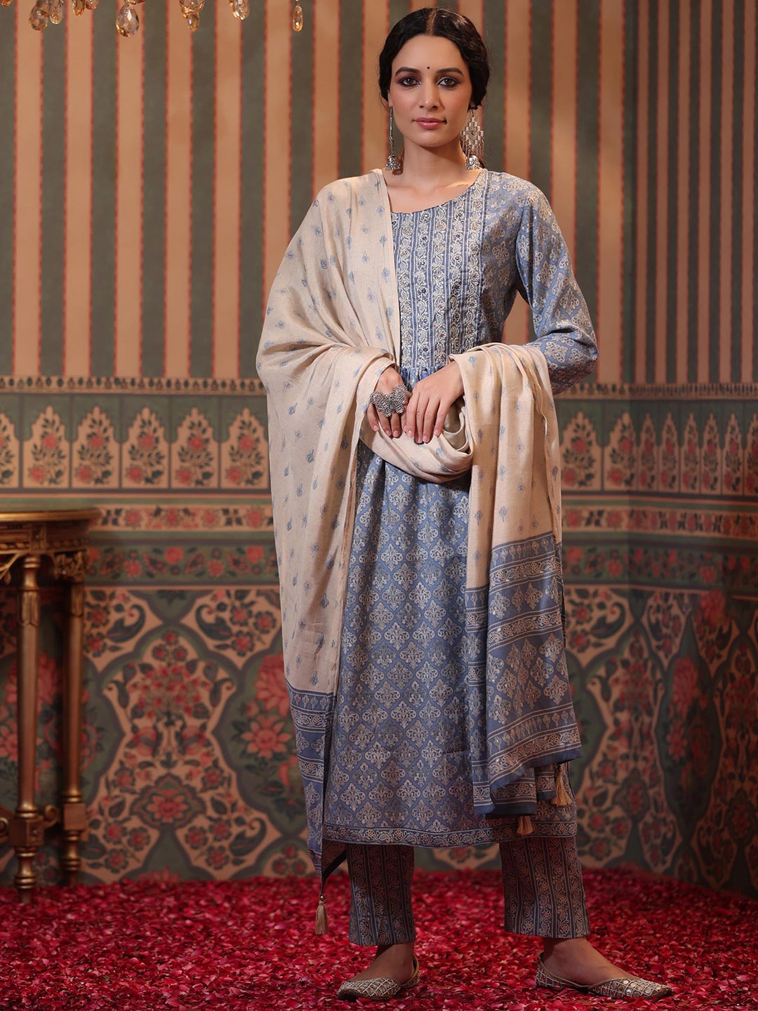 SCAKHI Women Grey Ethnic Motifs Printed Pleated Mirror Work Kurta with Trousers & With Dupatta