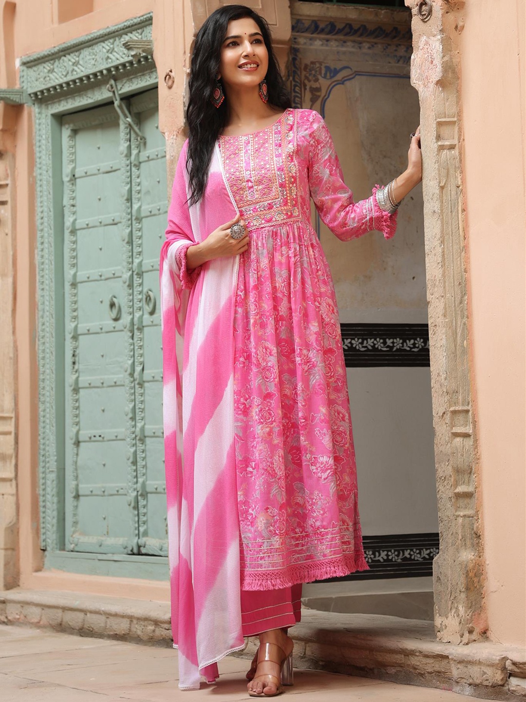 

SCAKHI Women Pink Printed Pure Cotton A-Line Kurta with Trousers & With Dupatta