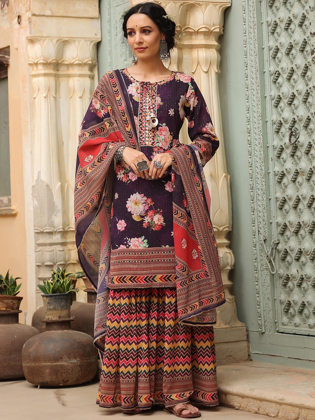 

SCAKHI Women Purple Floral Printed Mirror Work Kurta with Sharara & Dupatta