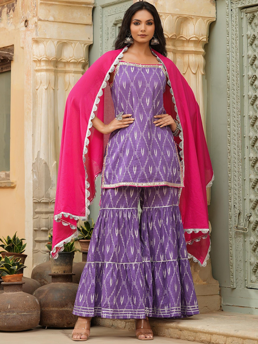 

SCAKHI Women Lavender Printed Mirror Work Kurti with Sharara & With Dupatta