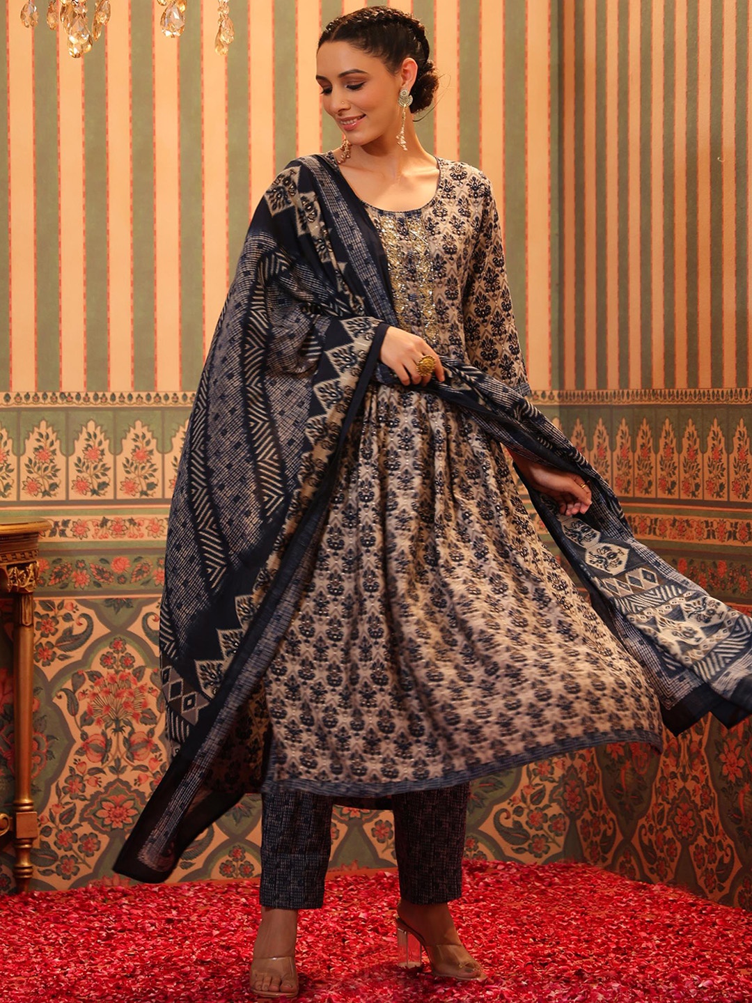 

SCAKHI Women Navy Blue Ethnic Motifs Printed Pleated Beads and Stones Kurta with Trousers & With Dupatta