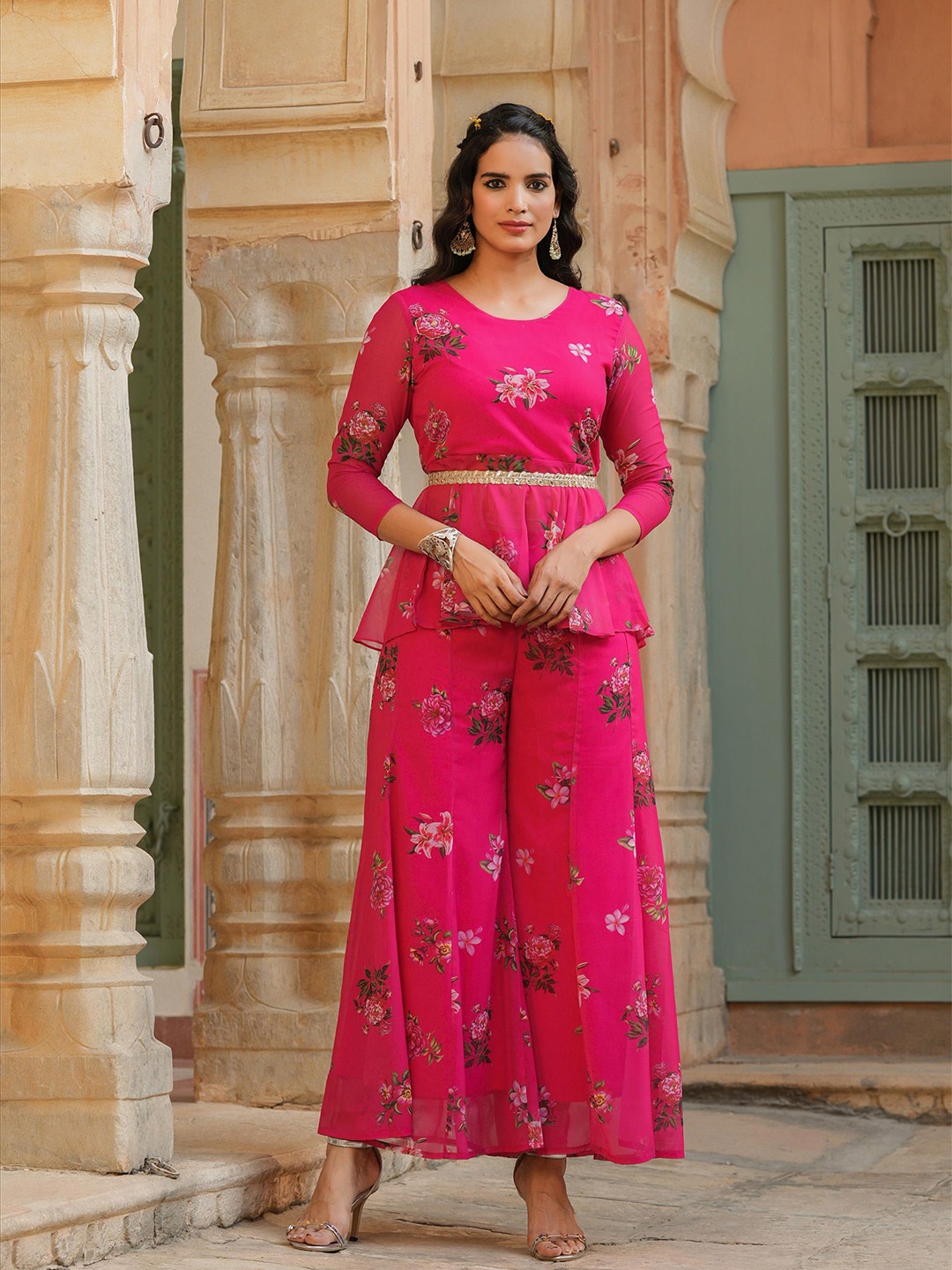 

SCAKHI Women Pink & Green Printed Tunic with Palazzos Co-Ord Set