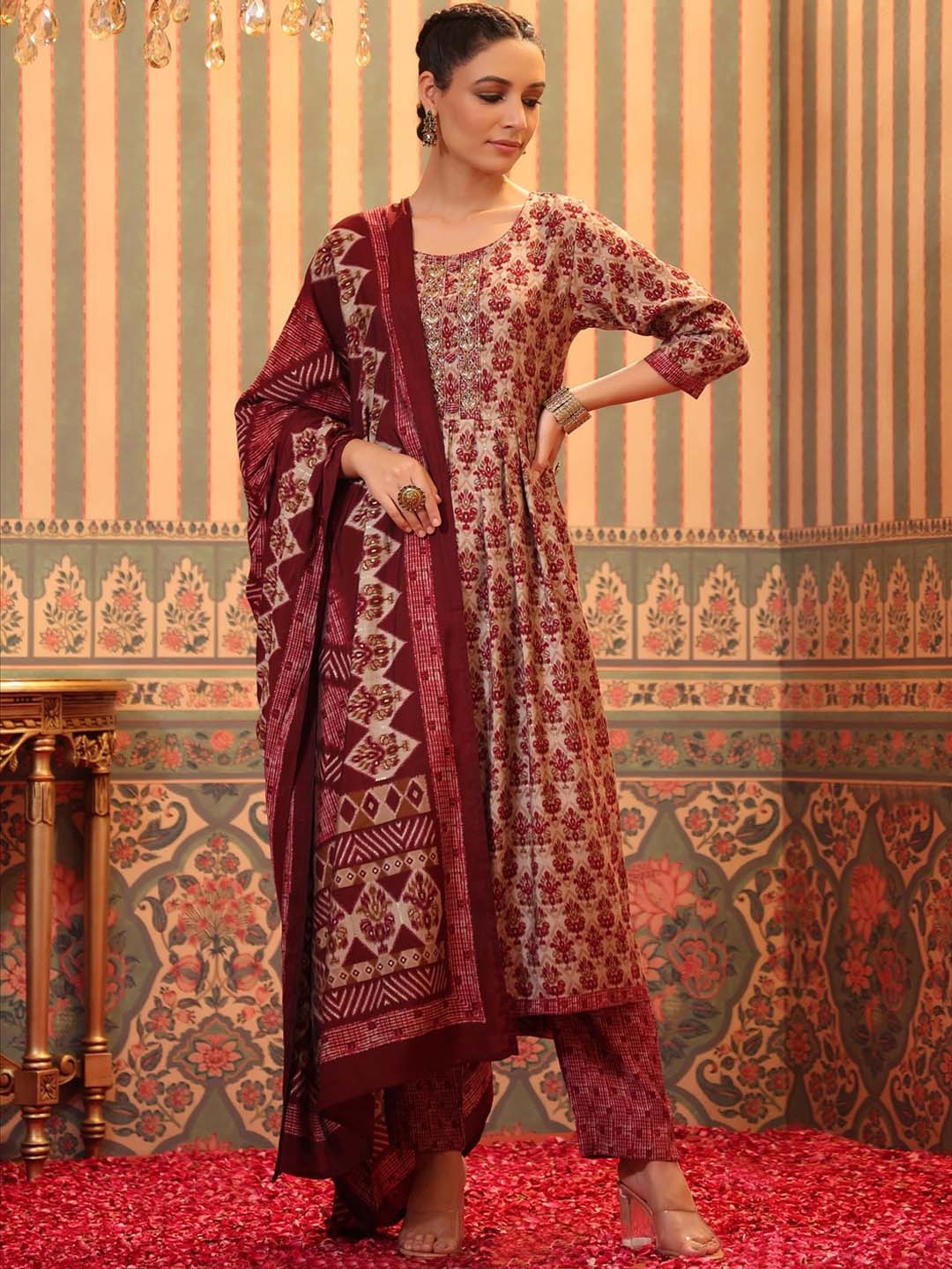 

SCAKHI Women Maroon Ethnic Motifs Printed Kurta with Trousers & With Dupatta