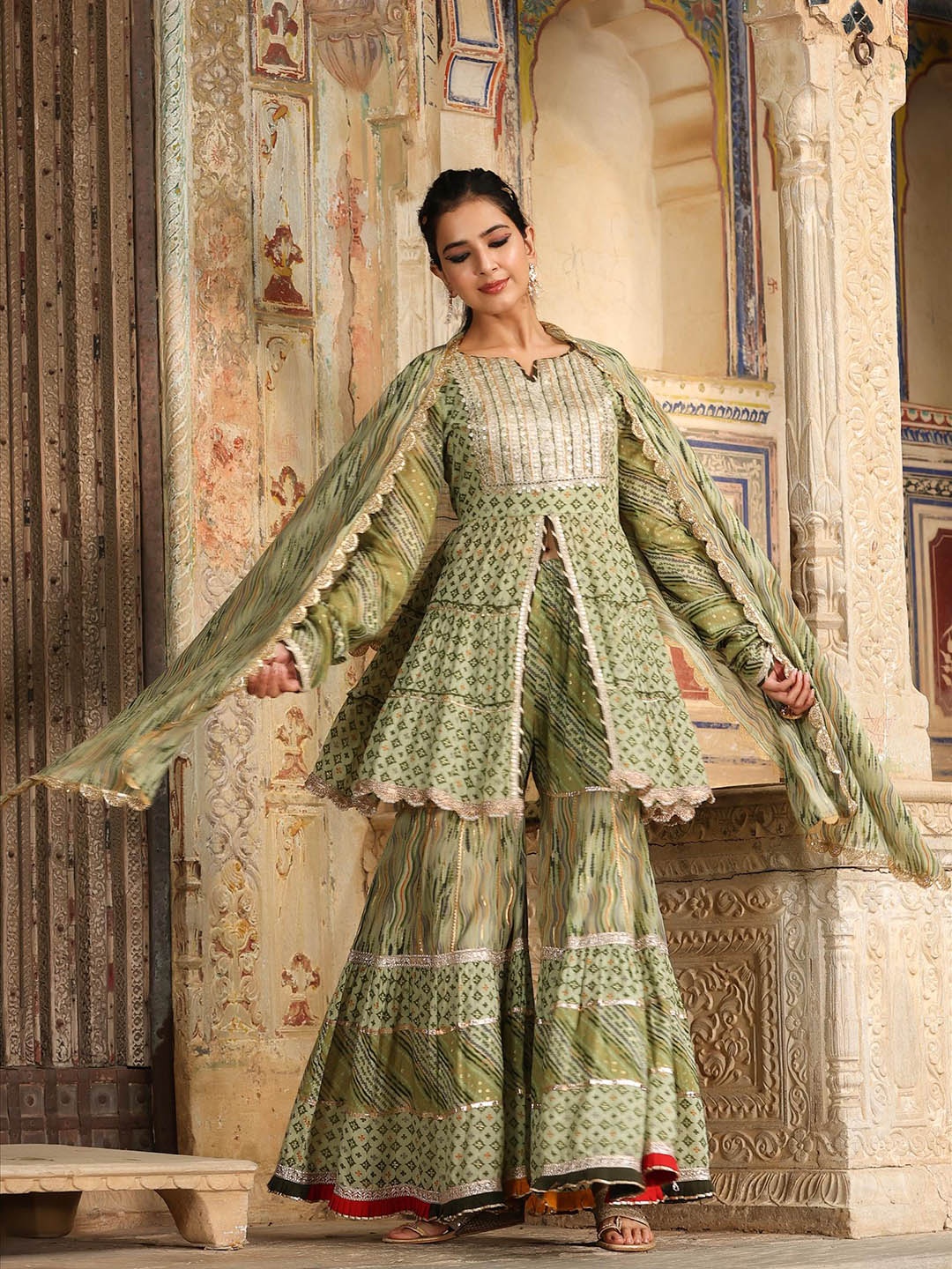 

SCAKHI Women Olive Green Ethnic Motifs Printed Gotta Patti Pure Cotton Kurti Sharara & Dupatta