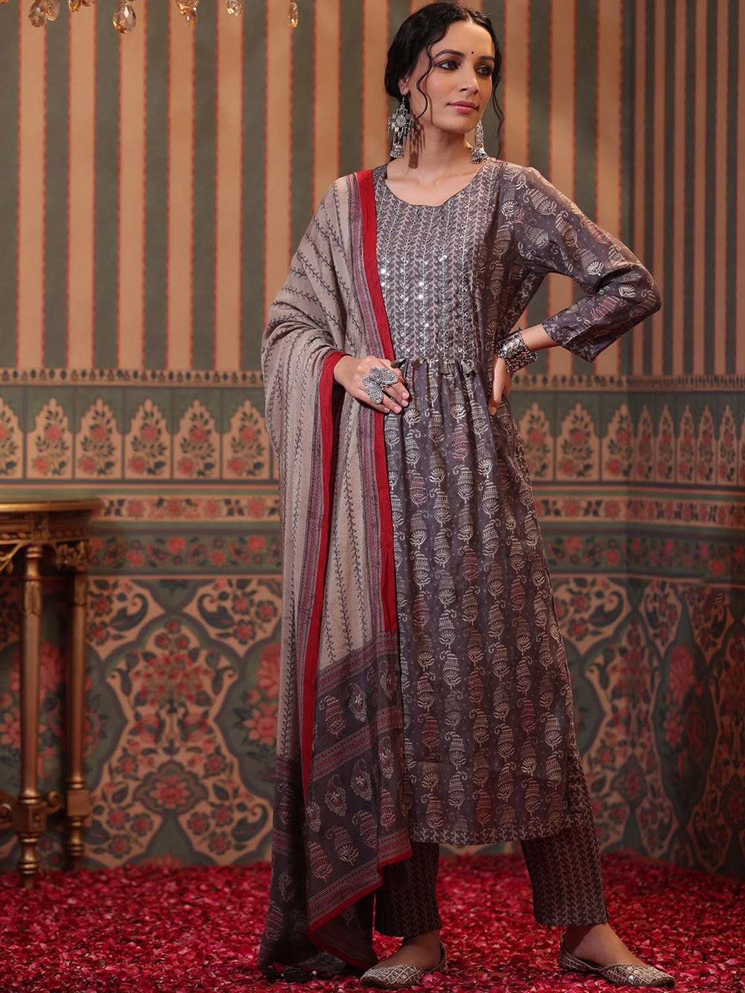 

SCAKHI Women Taupe Ethnic Motifs Printed Pleated Mirror Work Kurta with Trousers & Dupatta