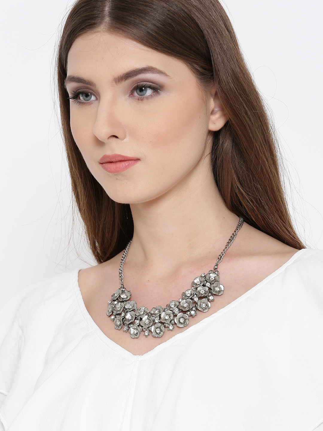 

YouBella Oxidised Silver-Plated Floral Stone-Studded Necklace