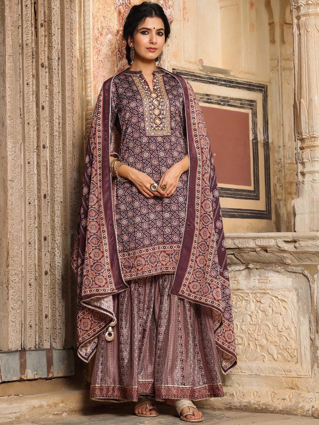 

SCAKHI Women Rust Ethnic Motifs Printed Kurta with Sharara & With Dupatta