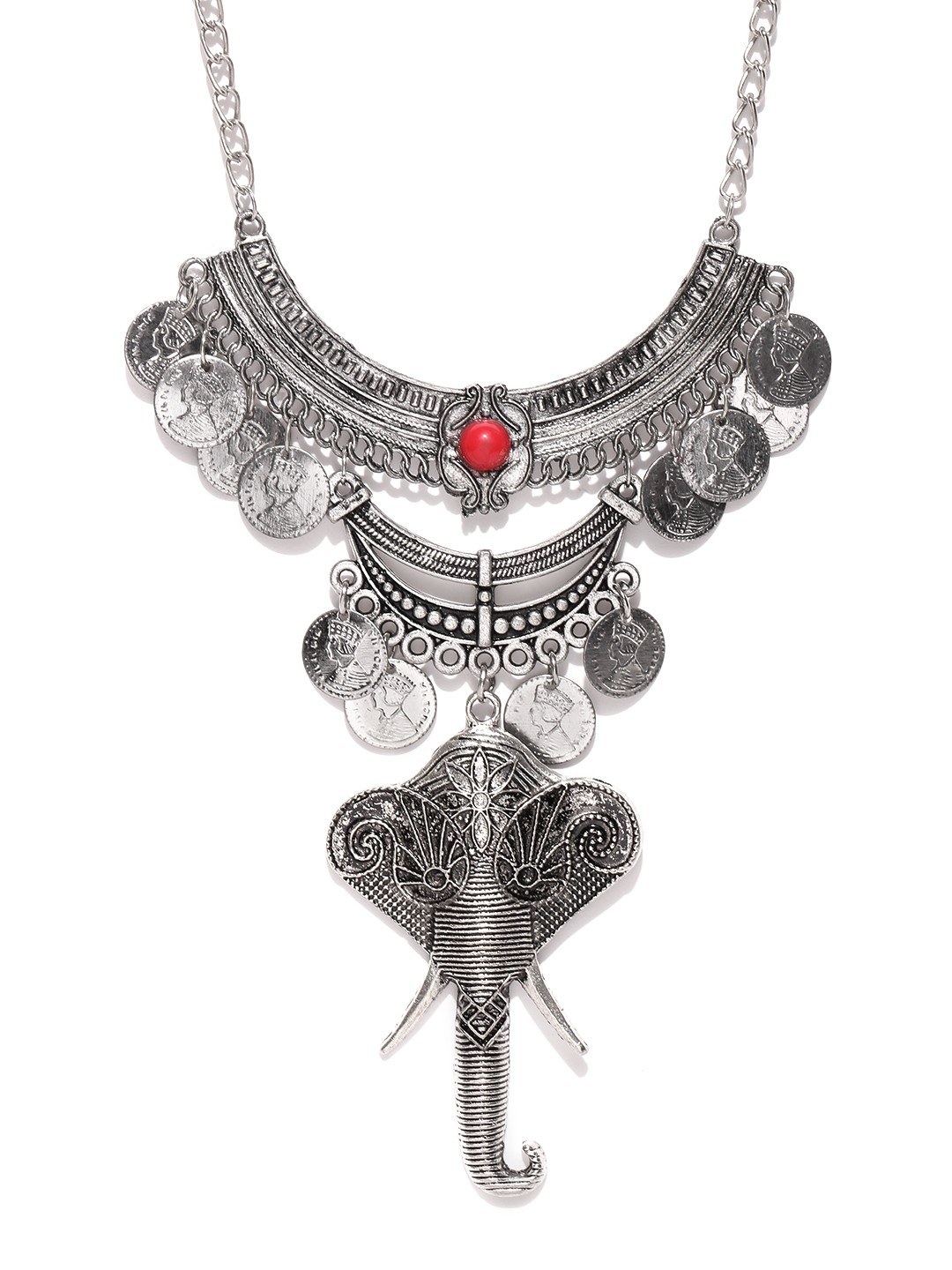 

YouBella Oxidised Silver-Plated Elephant-Charm Textured Necklace