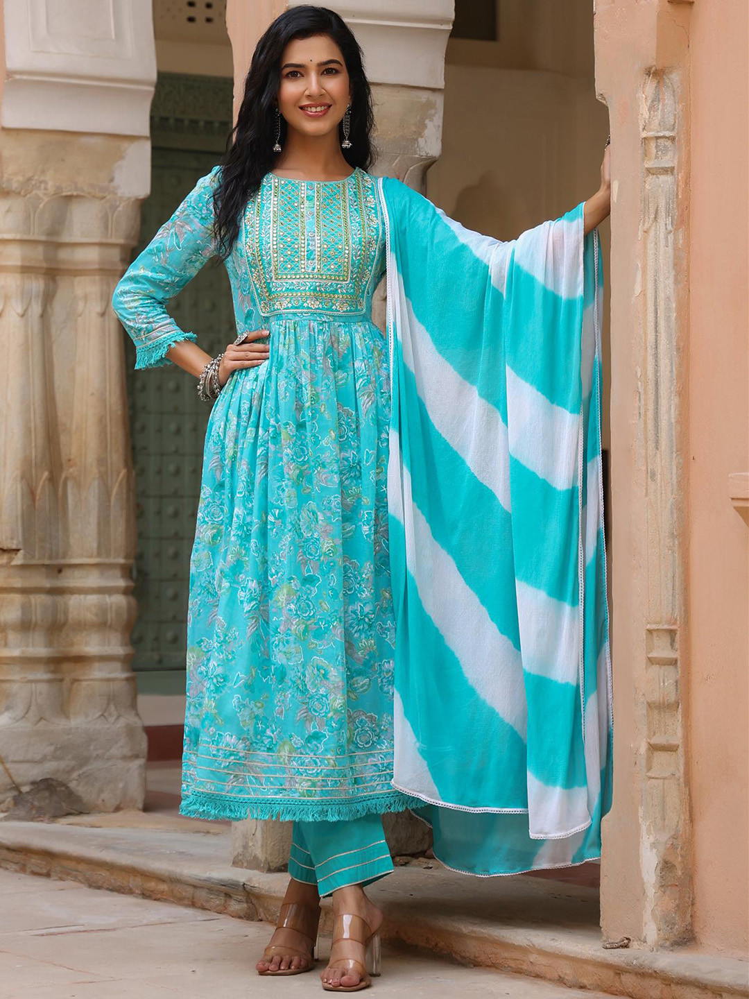 

SCAKHI Women Turquoise Blue & White Printed Cotton Kurta with Trousers & With Dupatta