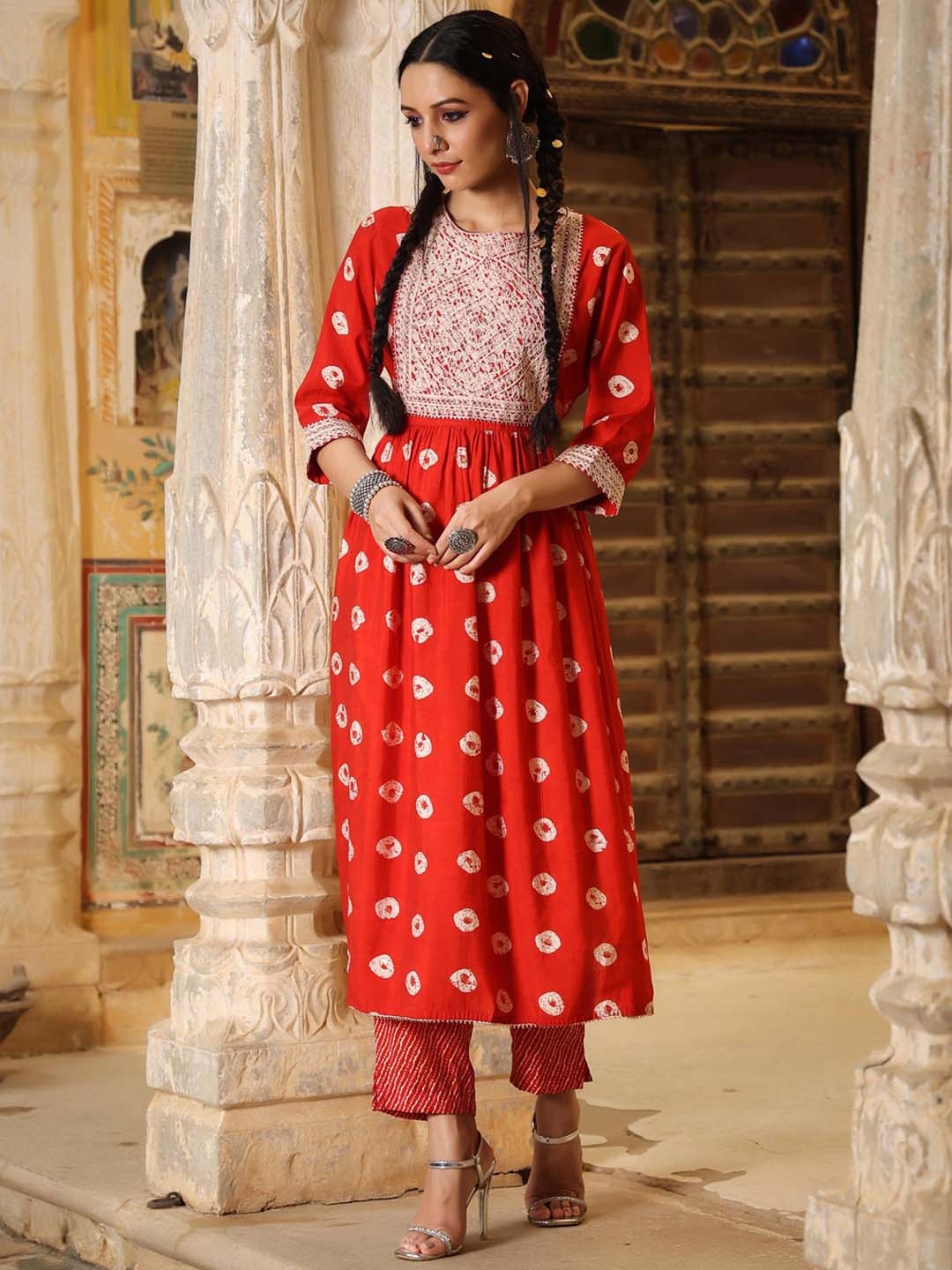 

SCAKHI Women Red Printed Pleated Kurta with Trousers