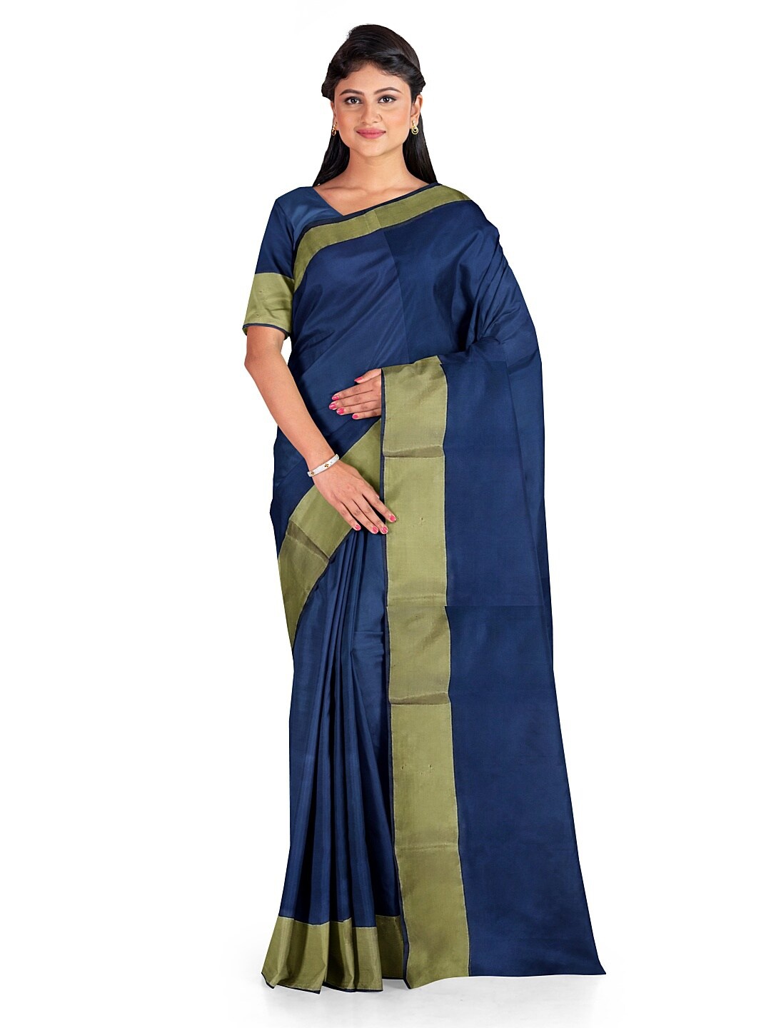

Silk Bazar Navy Blue & Olive Green Zari Silk Cotton Sungudi Saree