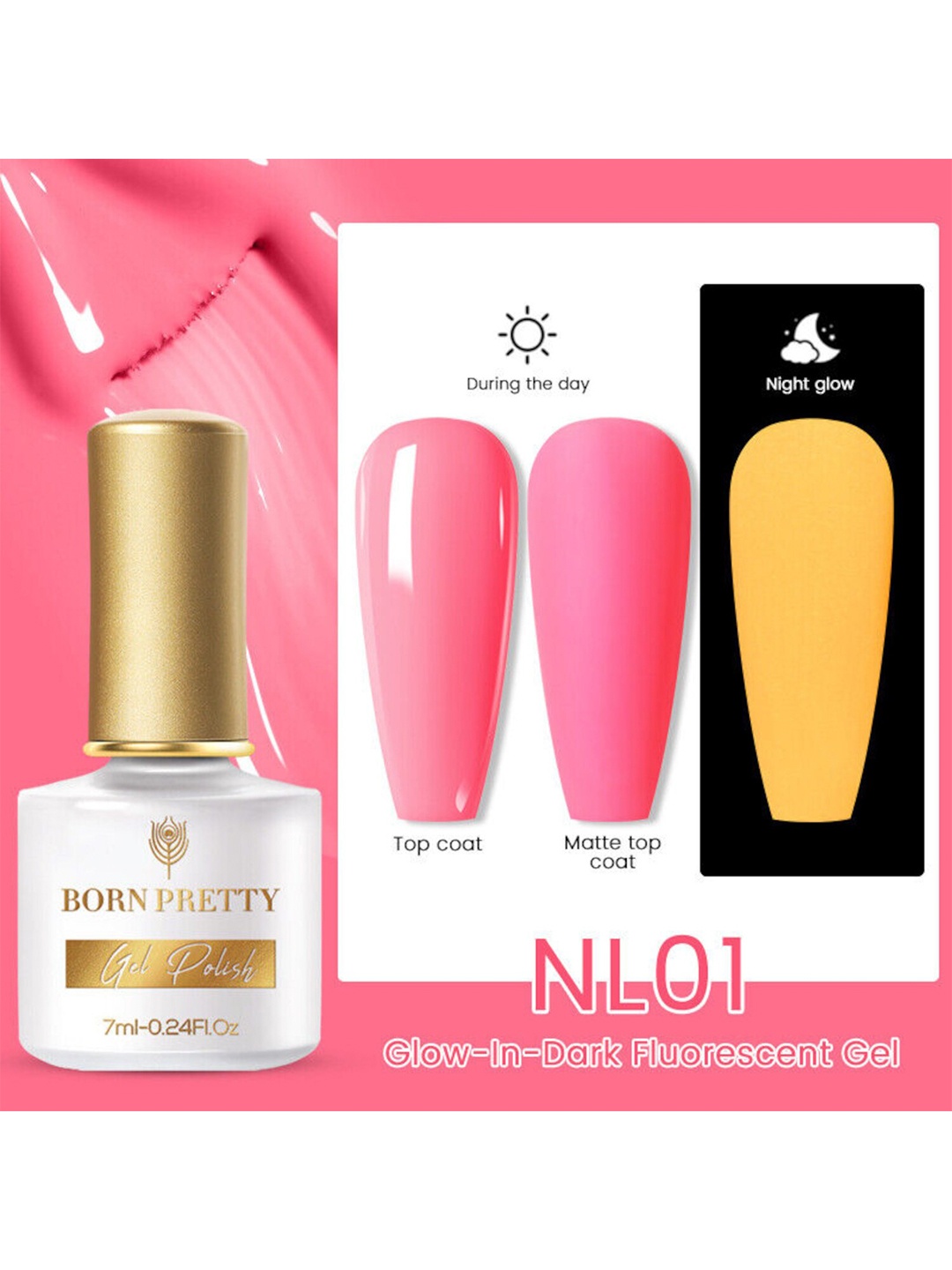 

BORN PRETTY Fluorescent Luminous Glow-In-Dark Soak Off Gel Nail Polish 7ml- Shade NL01, Pink