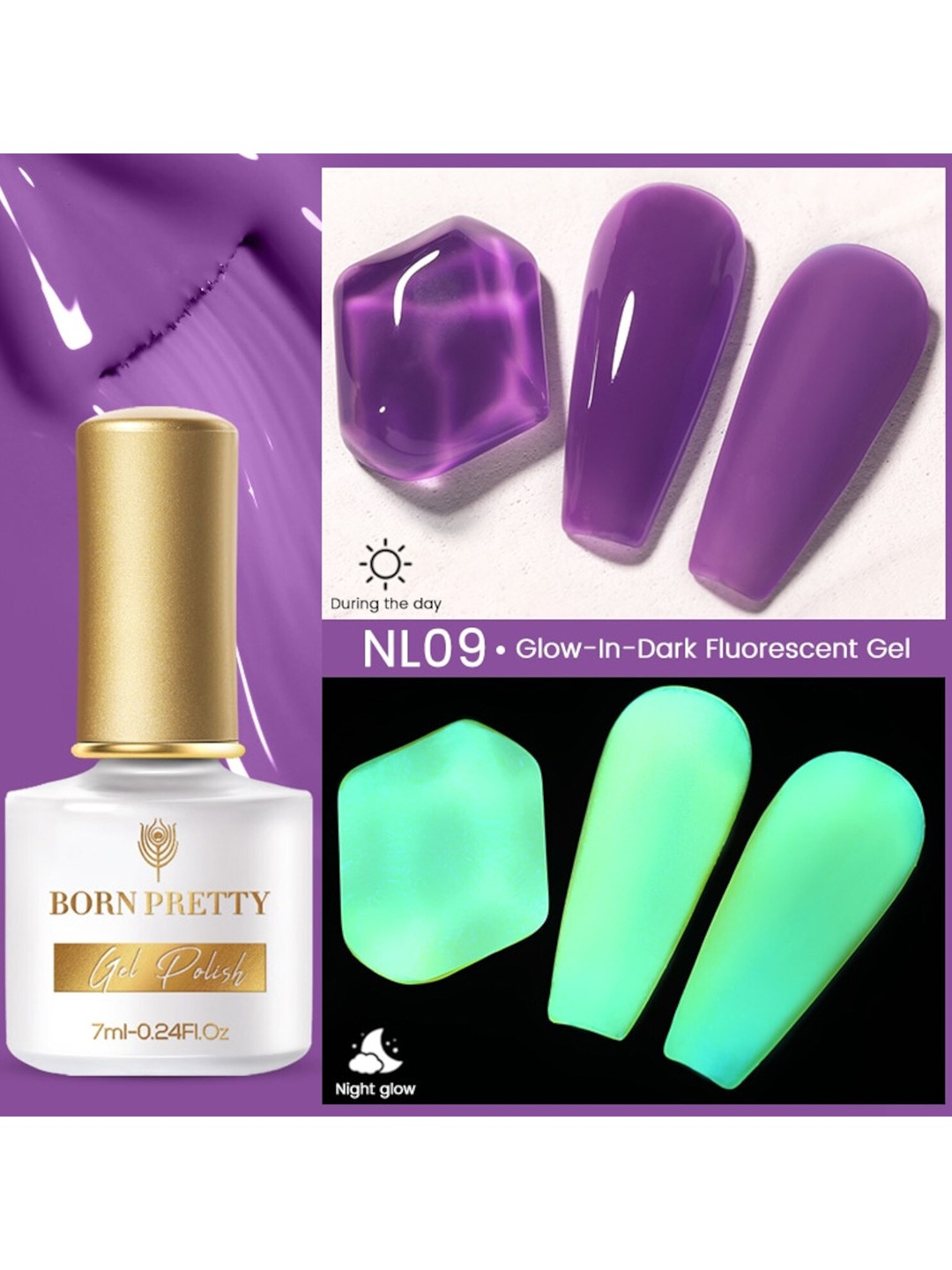 

BORN PRETTY Fluorescent Luminous Glow-In-Dark Soak Off Gel Nail Polish 7ml- Shade NL09, Purple