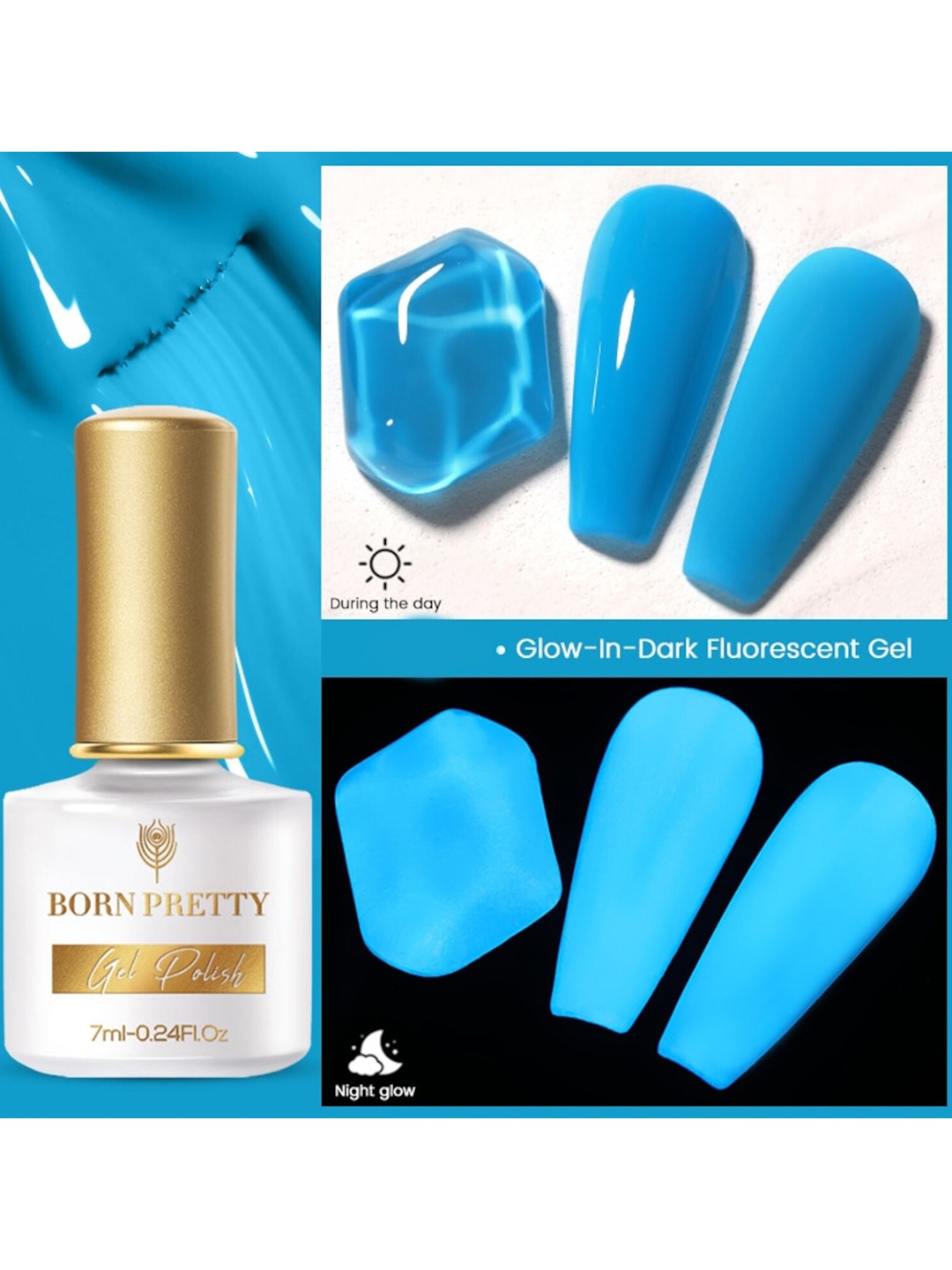 

BORN PRETTY Fluorescent Luminous Glow-In-Dark Soak Off Gel Nail Polish 7ml- Shade NL08, Blue