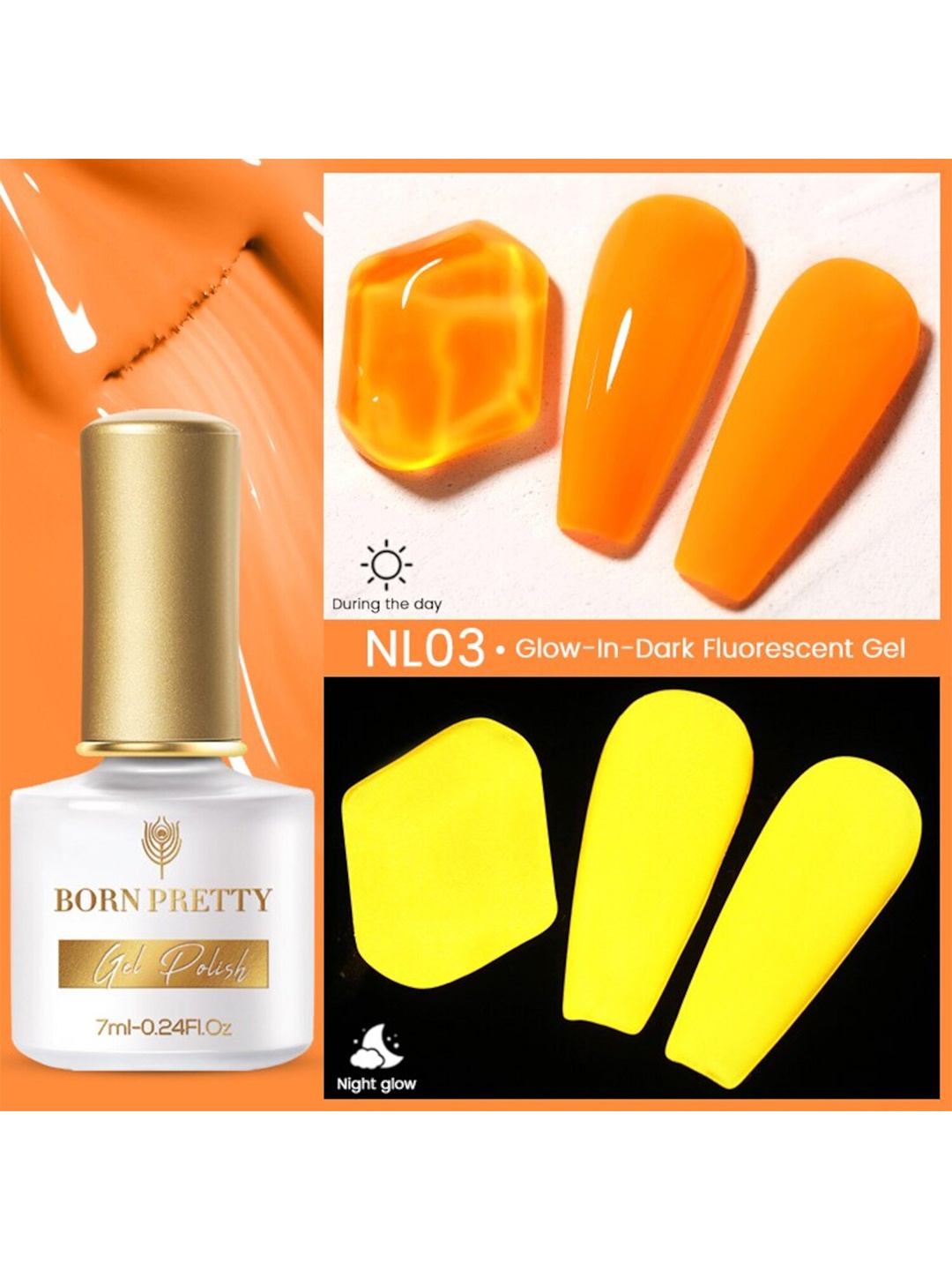 

BORN PRETTY Fluorescent Luminous Glow-In-Dark Soak Off Gel Nail Polish 7ml- Shade NL03, Orange