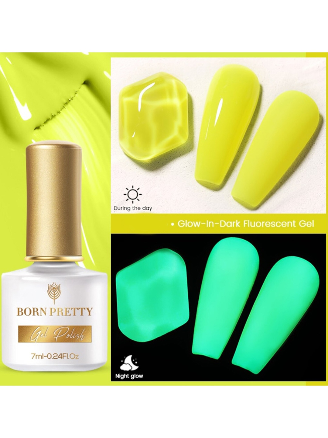 

BORN PRETTY Fluorescent Luminous Glow-In-Dark Soak Off Gel Nail Polish 7ml- Shade NL05, Fluorescent green