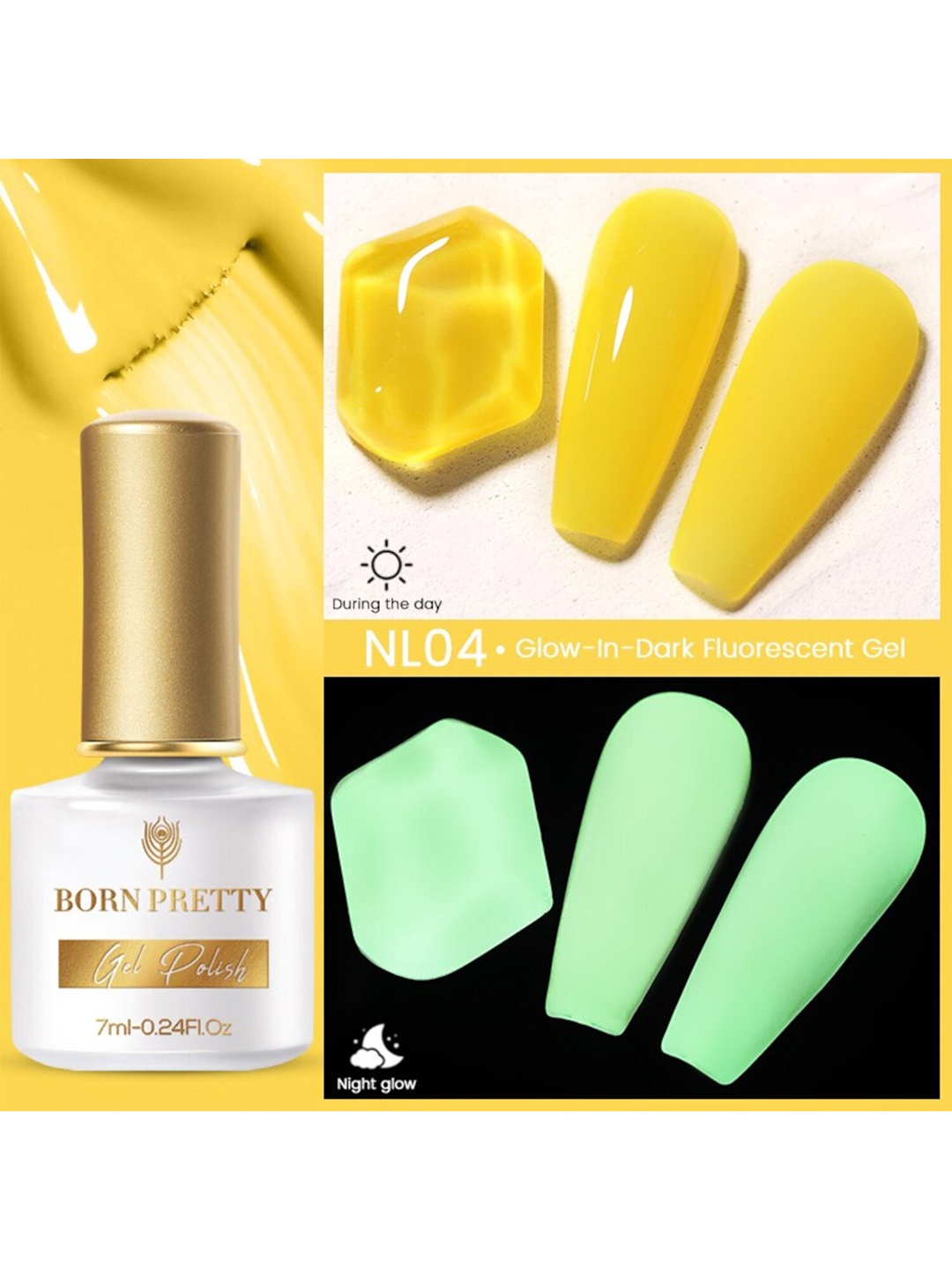 

BORN PRETTY Fluorescent Luminous Glow-In-Dark Soak Off Gel Nail Polish 7ml- Shade NL04, Yellow