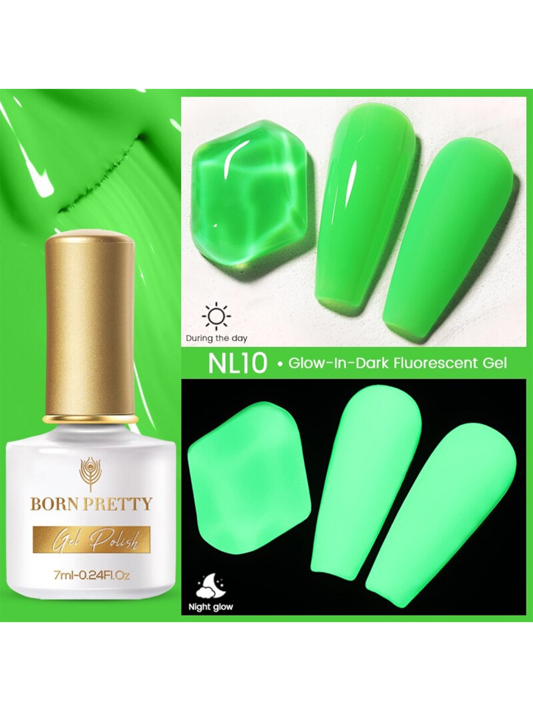 

BORN PRETTY Fluorescent Luminous Glow-In-Dark Soak Off Gel Nail Polish 7ml- Shade NL10, Green