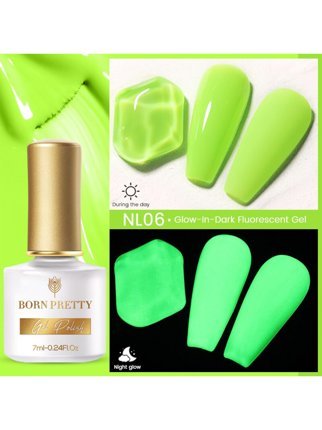 

BORN PRETTY Fluorescent Luminous Glow-In-Dark Soak Off Gel Nail Polish 7ml- Shade NL06, Green