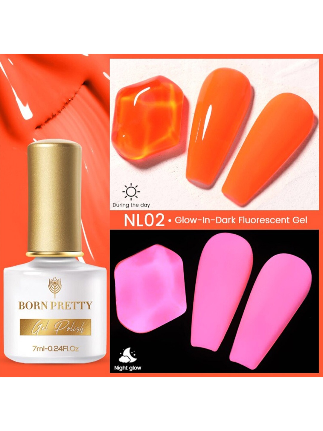 

BORN PRETTY Fluorescent Luminous Glow-In-Dark Soak Off Gel Nail Polish 7ml- Shade NL02, Orange