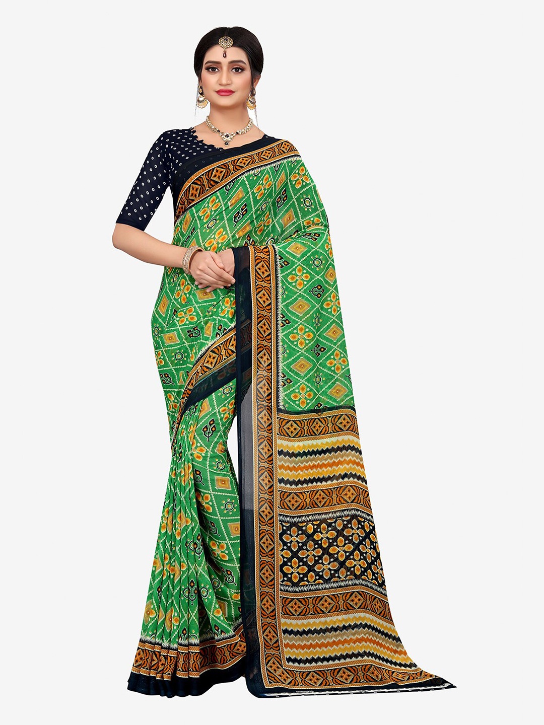 

Indian Fashionista Lime Green & Yellow Floral Phulkari Pure Georgette Chanderi Saree