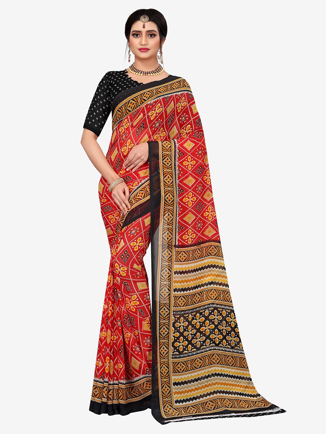 

Indian Fashionista Red & Yellow Floral Pure Georgette Ready to Wear Chanderi Saree