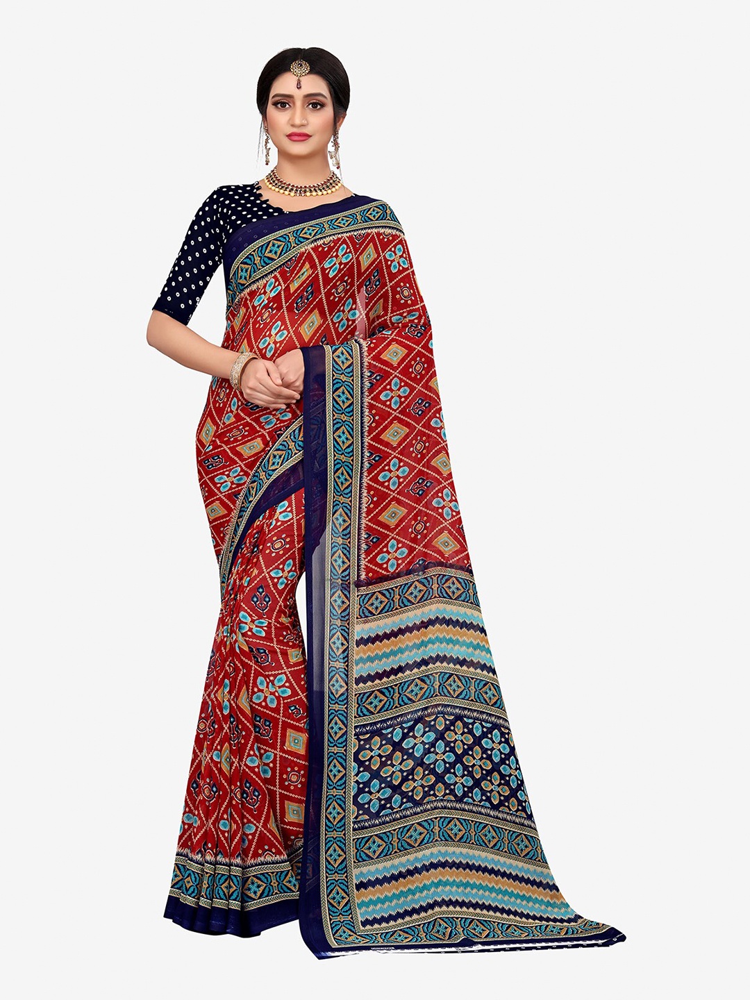 

Indian Fashionista Maroon & Blue Floral Pure Georgette Ready to Wear Chanderi Saree