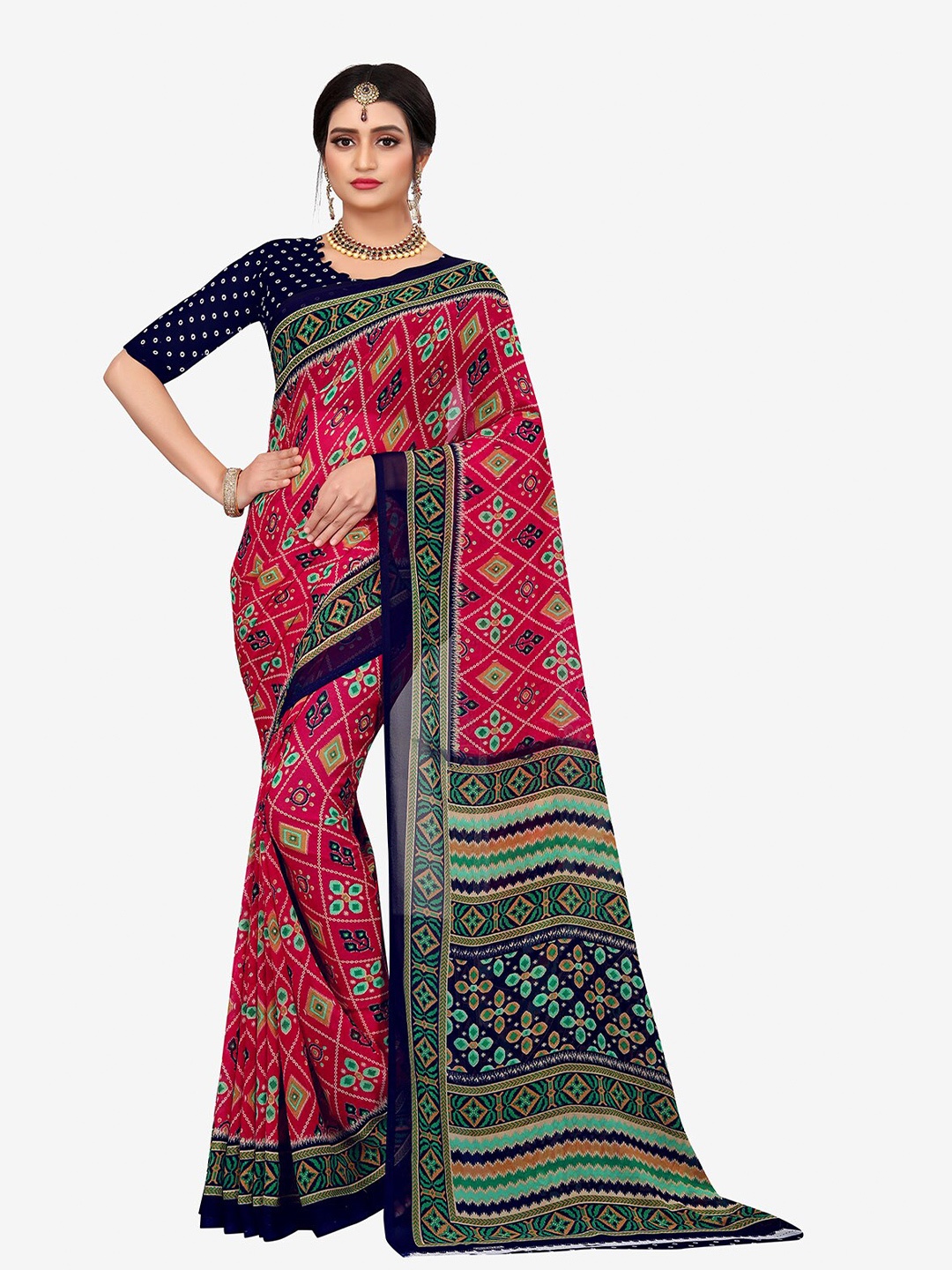 

Indian Fashionista Red & Green Floral Phulkari Pure Georgette Chanderi Saree