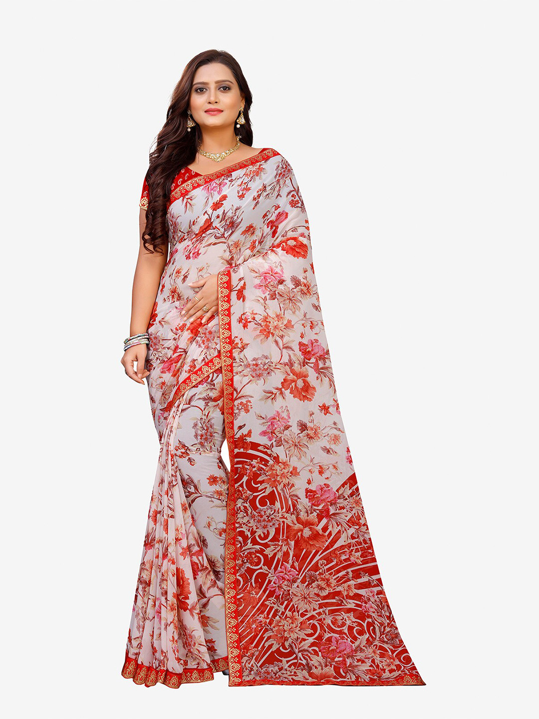 

Indian Fashionista Red & White Floral Phulkari Pure Georgette Chanderi Saree