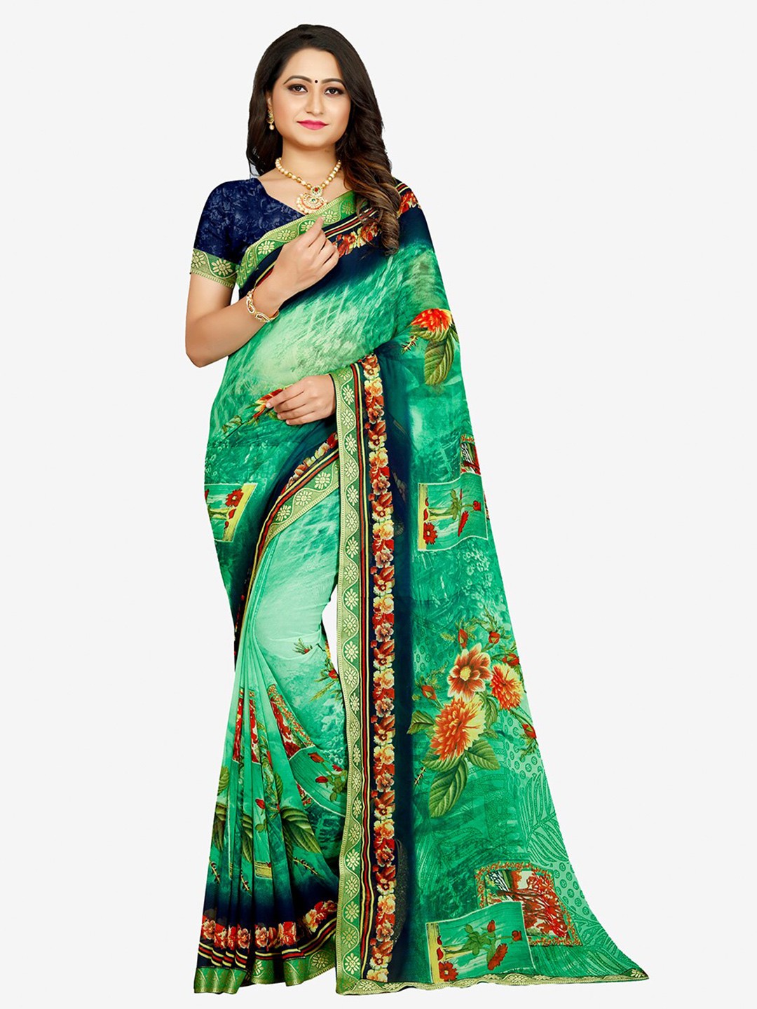 

Indian Fashionista Green & Orange Floral Phulkari Pure Georgette Ready to Wear Chanderi Saree