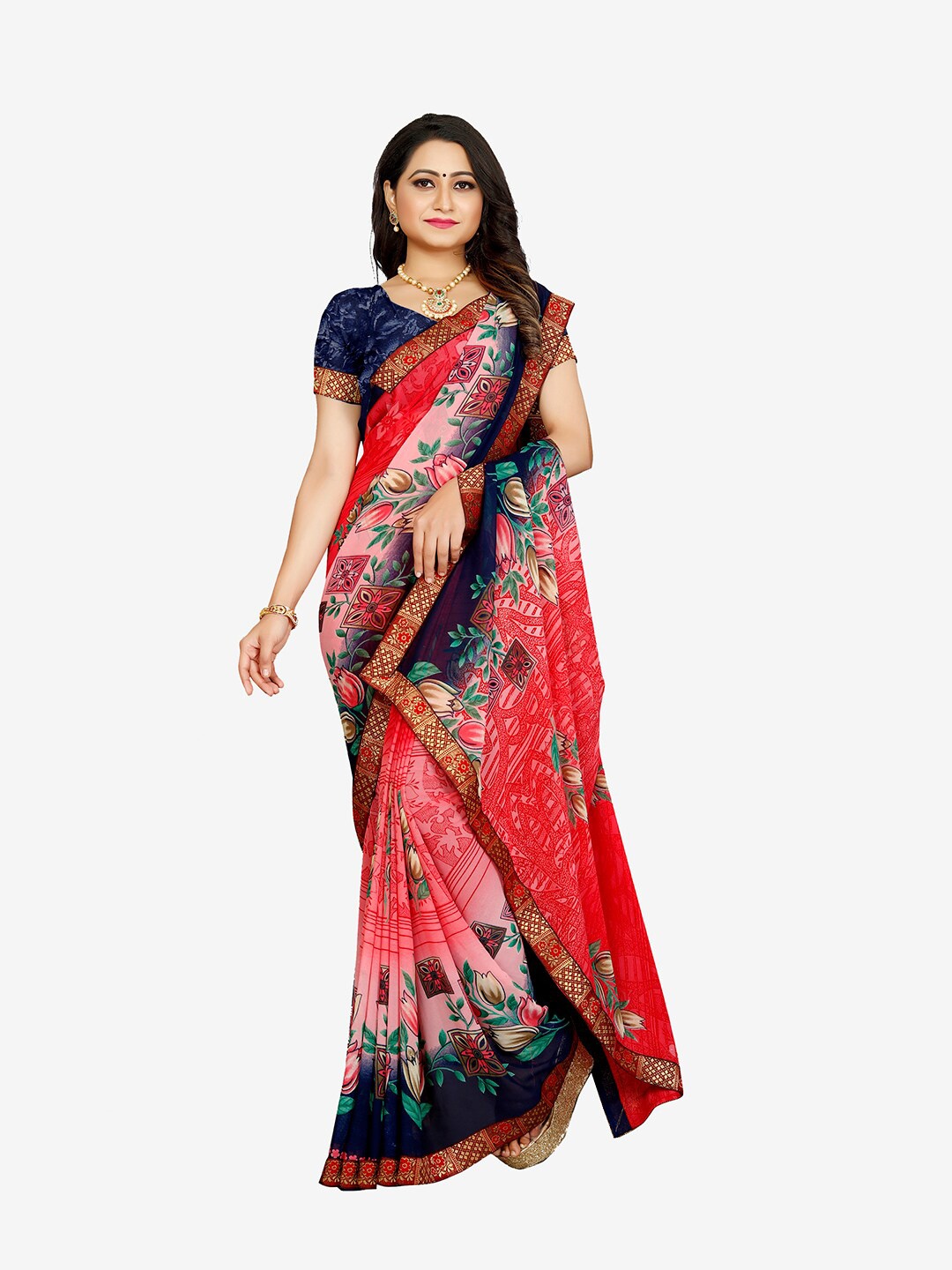

Indian Fashionista Pink & Navy Blue Floral Pure Georgette Chanderi Saree