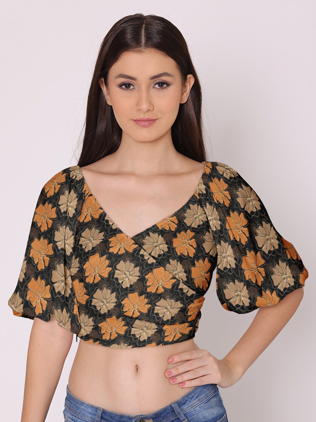 

DressBerry Women Black Floral Printed Georgette Wrap Crop Top