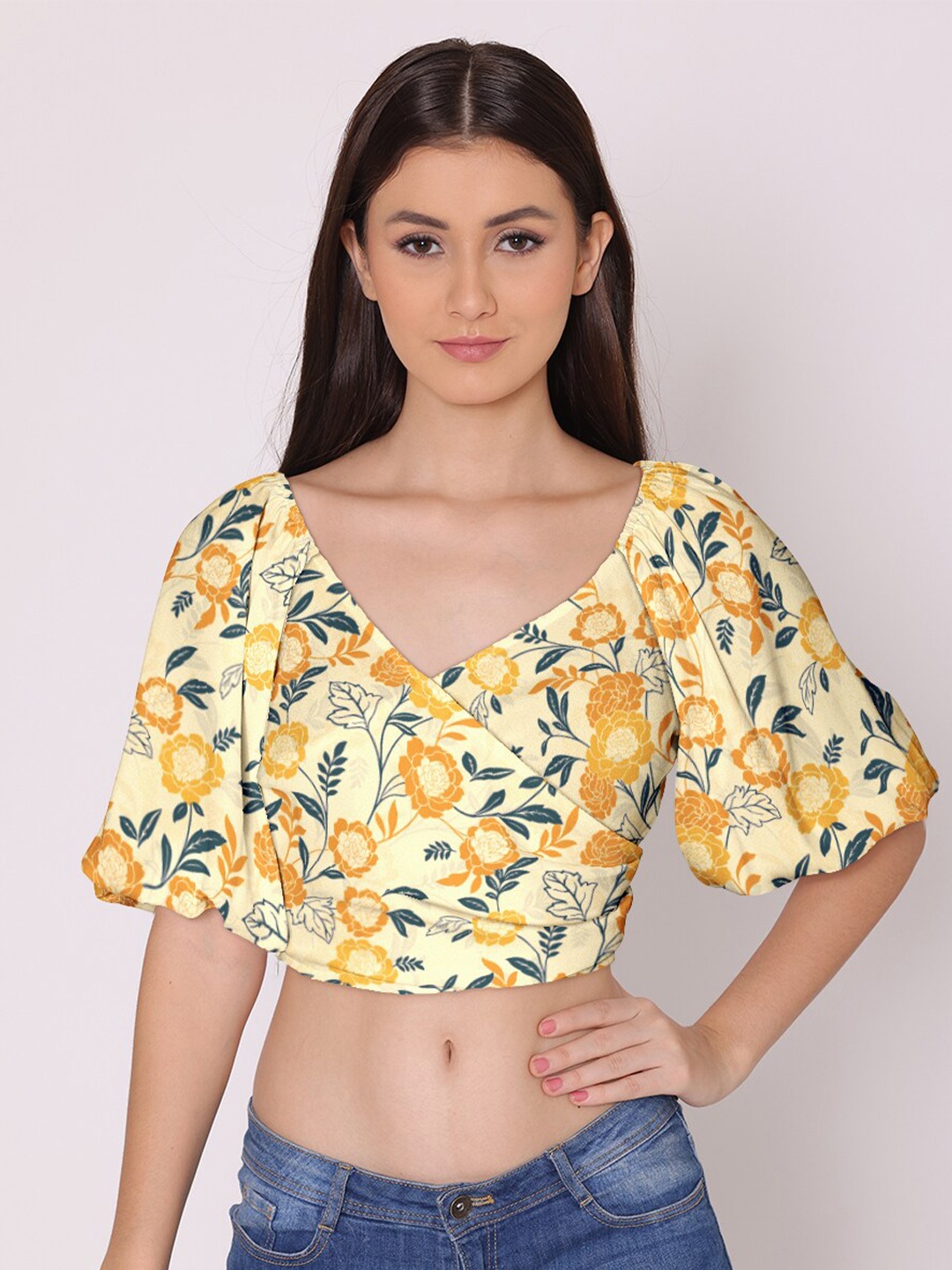 

DressBerry Women Yellow Printed Georgette Crop Top
