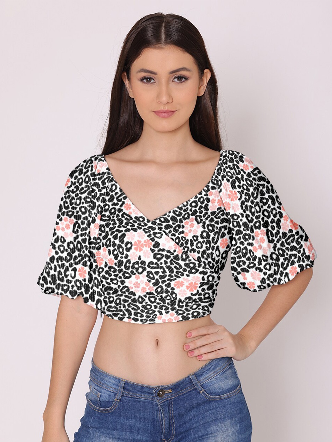 

DressBerry Black Animal Print Georgette Wrap Crop Top