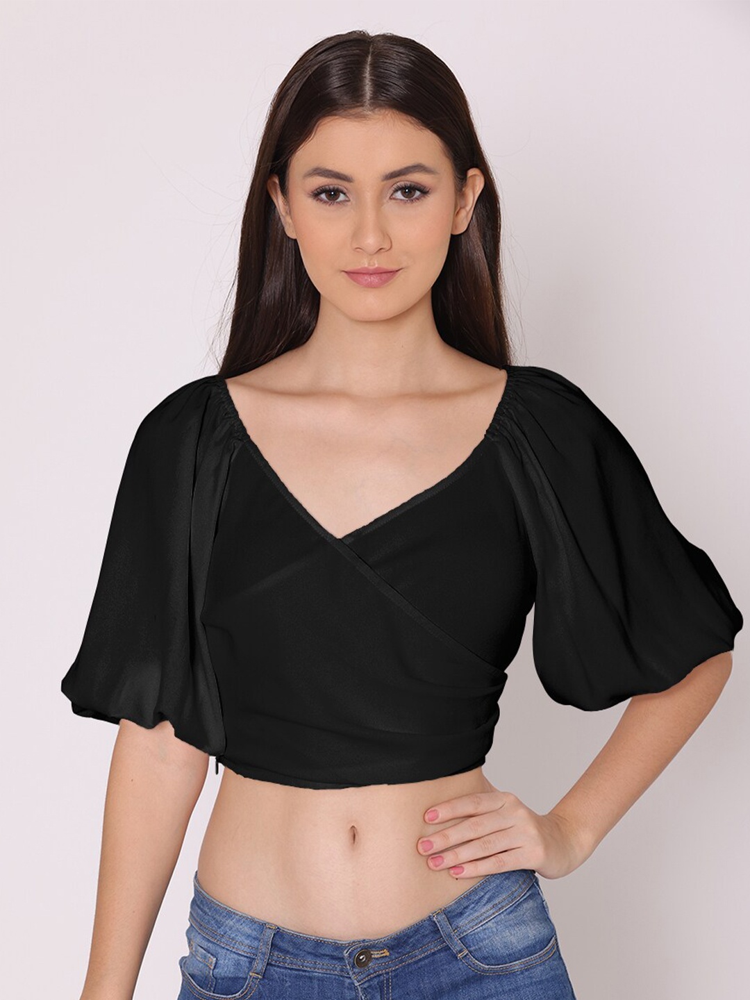 

DressBerry Women Black Solid Georgette Wrap Crop Top