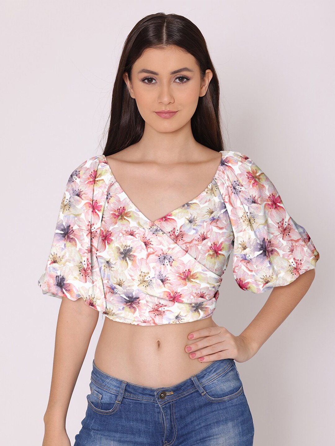 

DressBerry White & Red Floral Print Georgette Wrap Crop Top