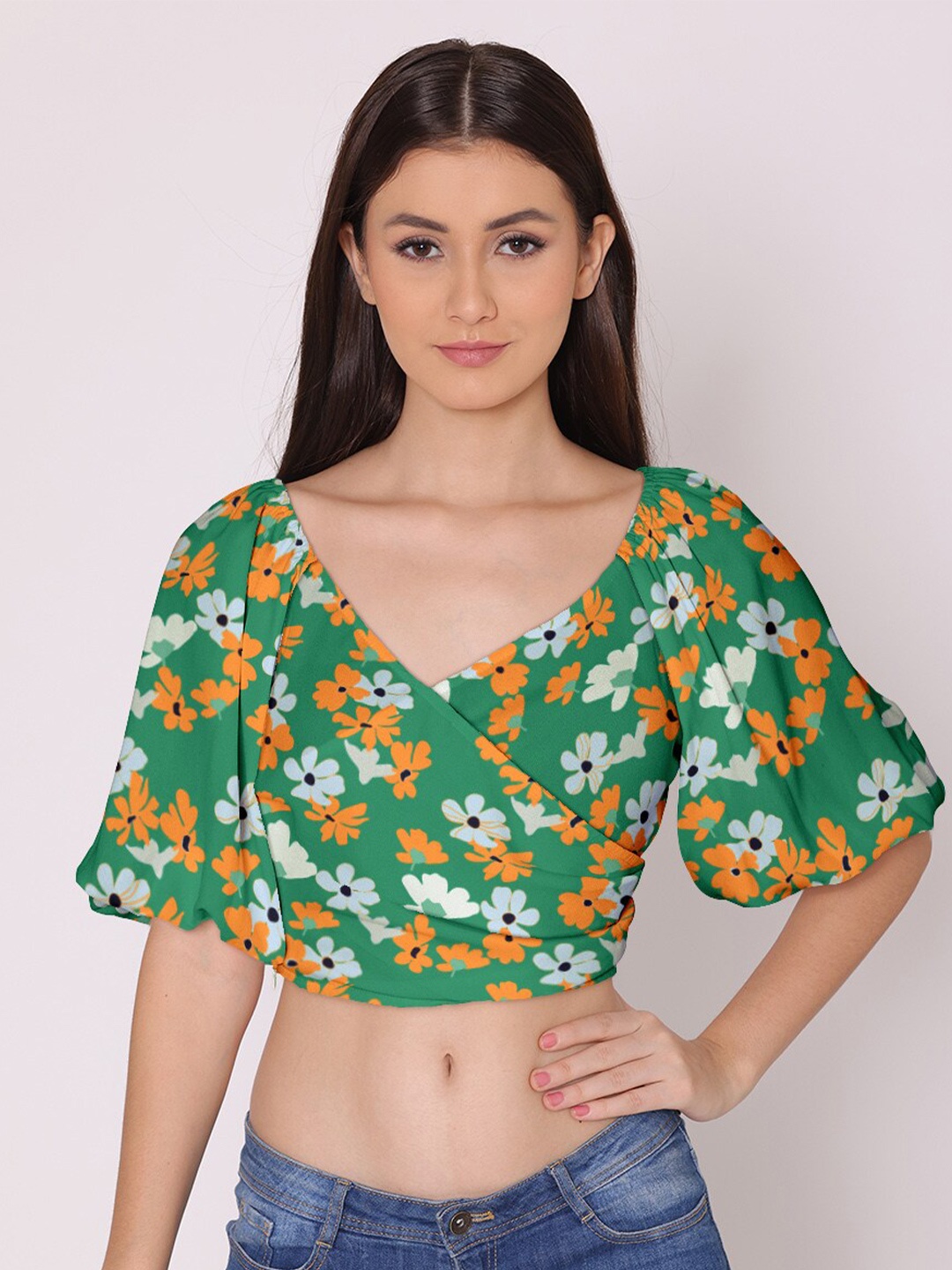 

DressBerry Green & Yellow Floral Print Bishop Sleeves Georgette Wrap Top