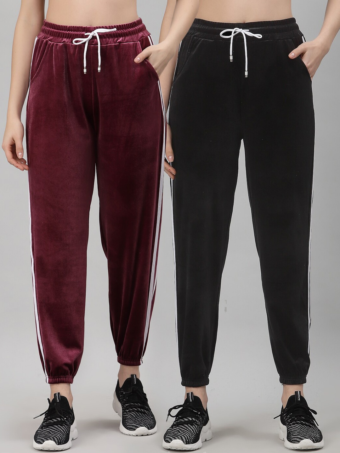 

NEUDIS Women Pack of 2 Black & Maroon Solid Velvet Finish Joggers