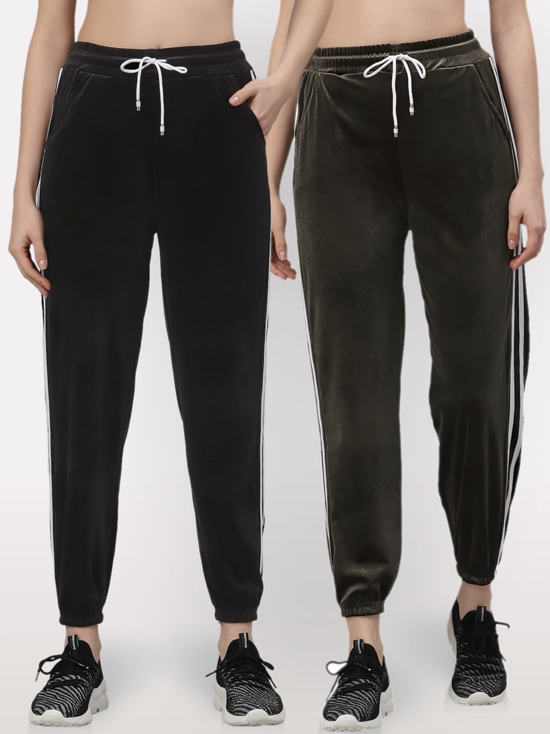 

NEUDIS Women Pack Of 2 Black & Olive Green Solid Velvet Joggers Track Pants