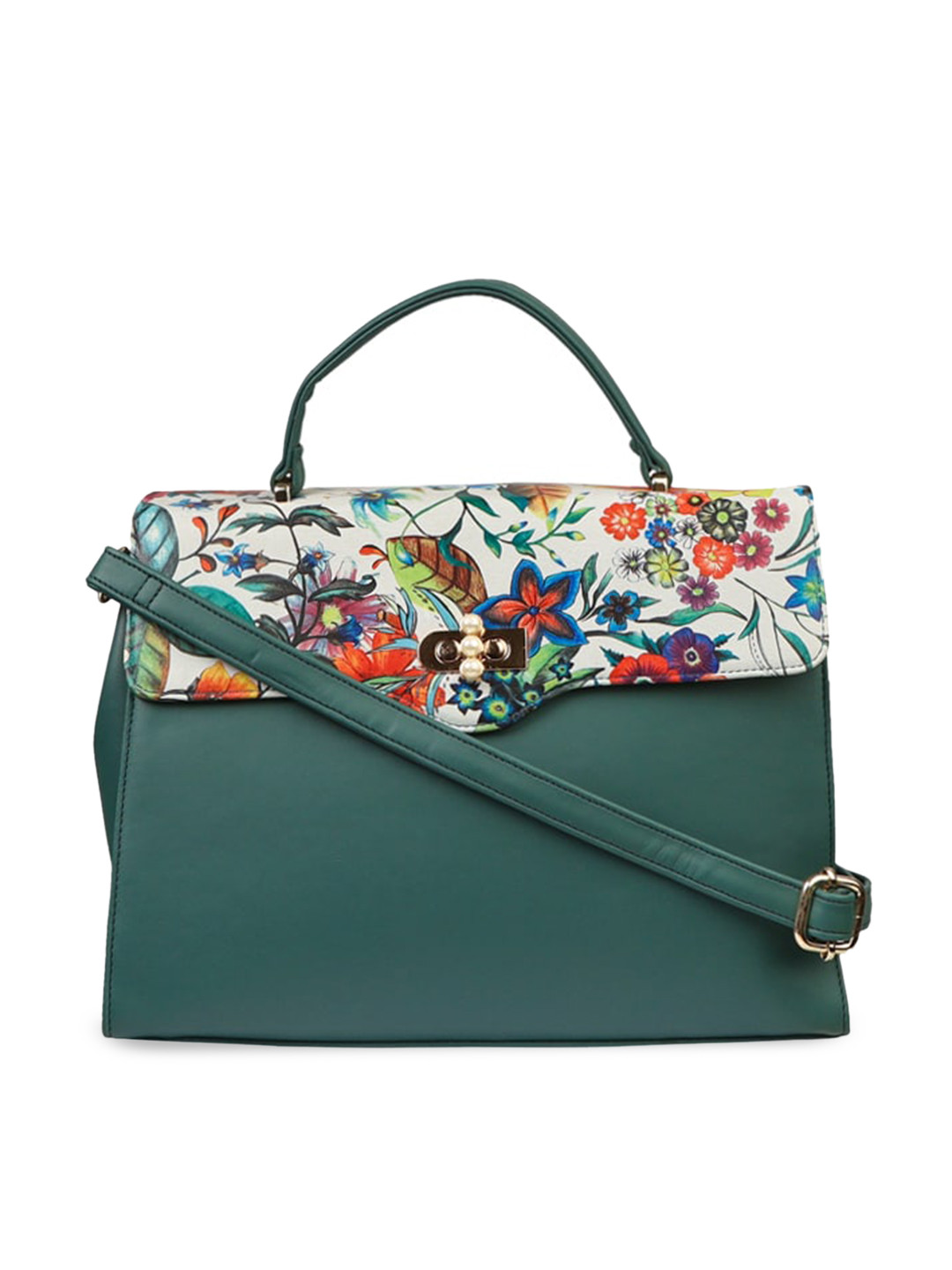 

LEGAL BRIBE Green Floral Printed PU Structured Satchel HandBag