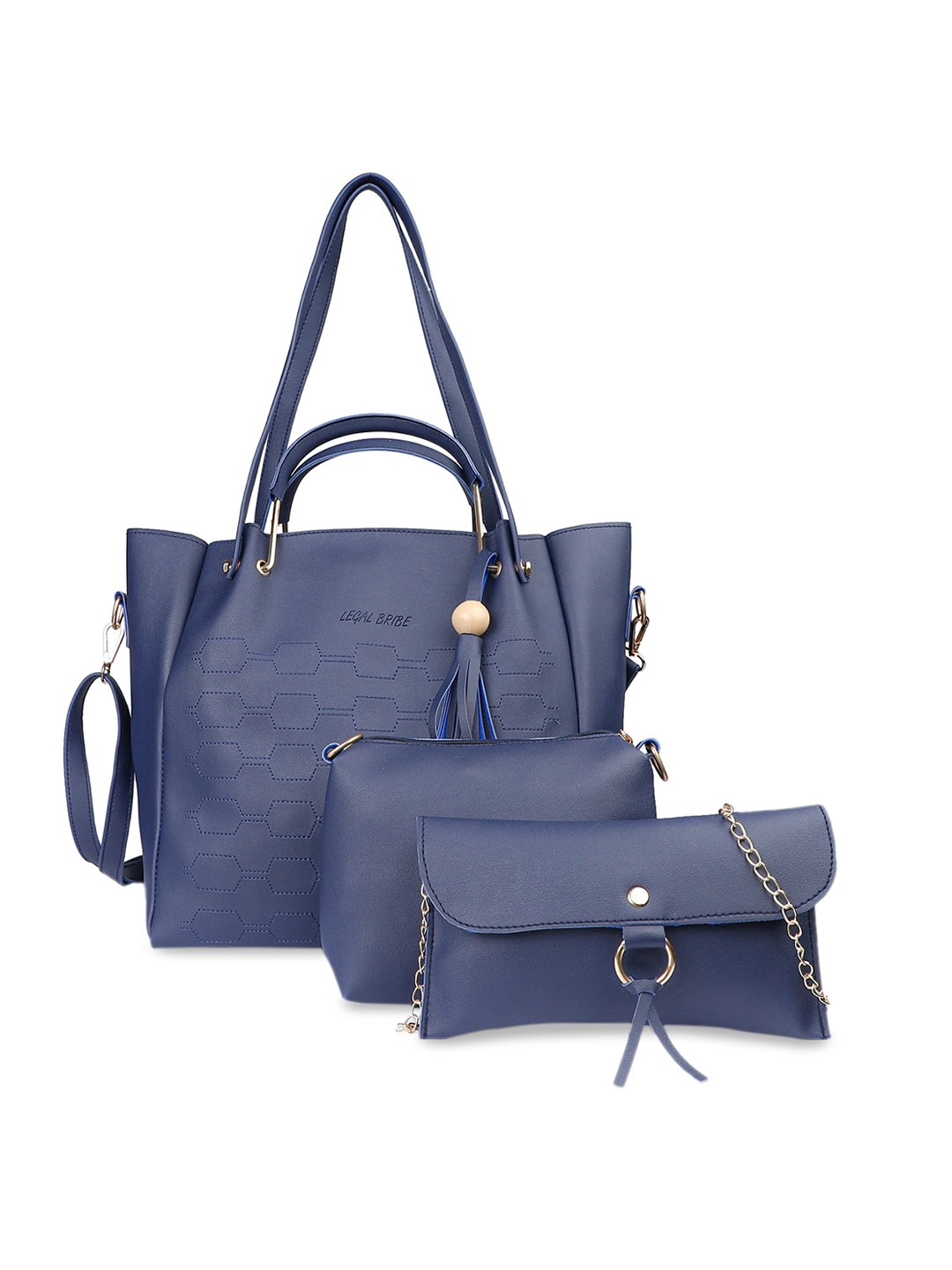 

LEGAL BRIBE Blue Set of 3 PU Structured Shoulder Bag with Tasselled
