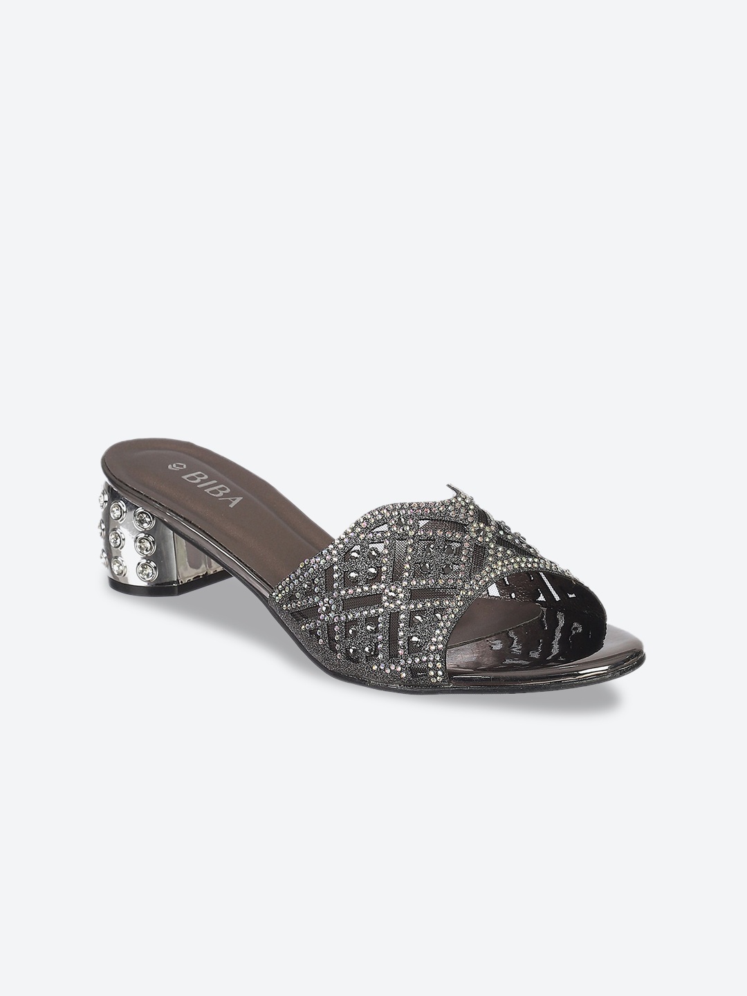 

Biba Women Gunmetal-Toned Embellished Block Mules, Metallic