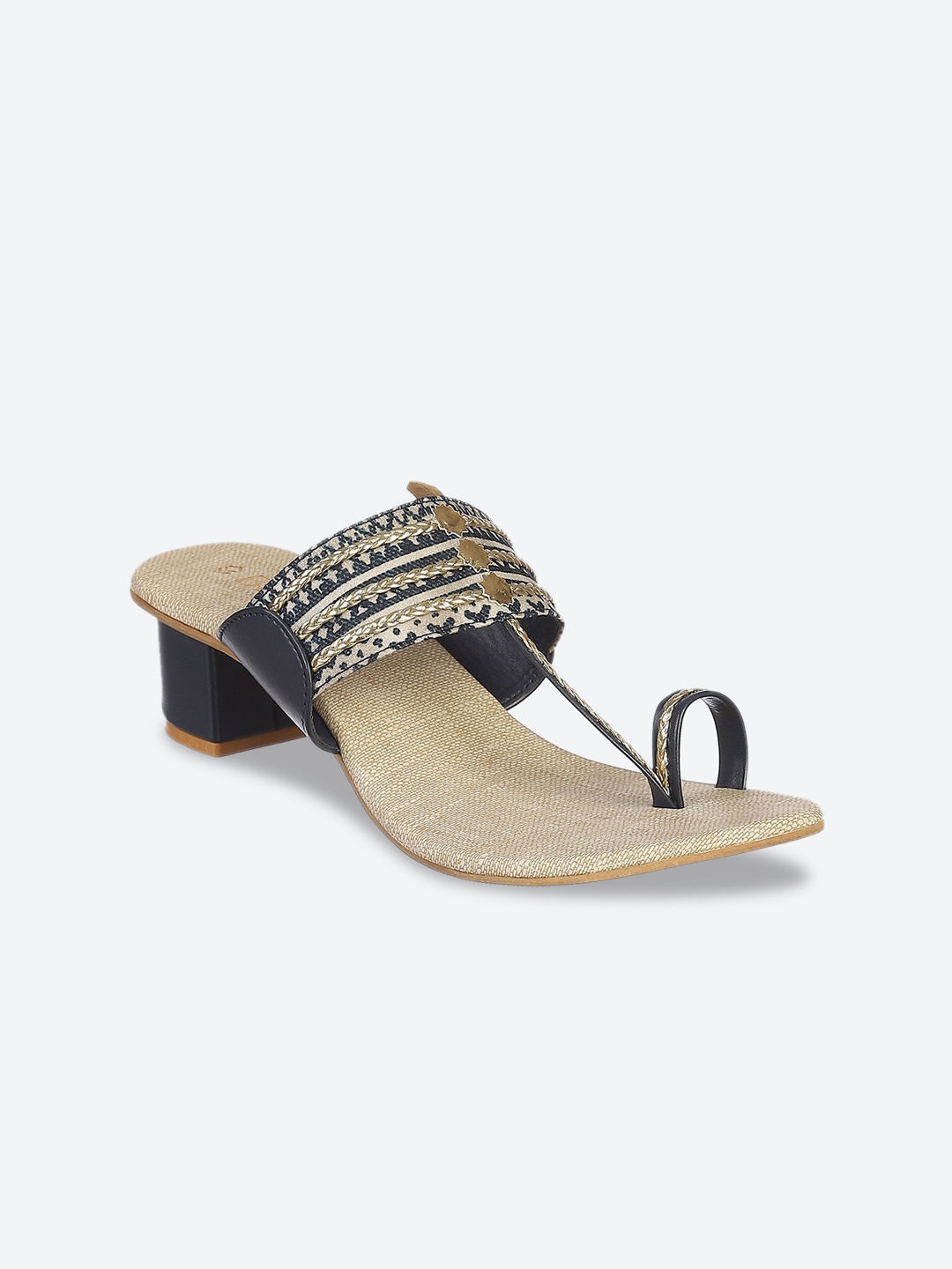 

Biba Women Beige & Navy Blue Embellished PU Ethnic Block Sandals