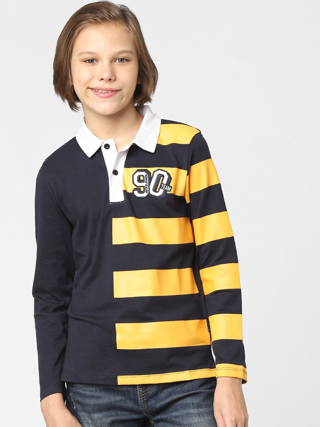 

Jack & Jones Junior Boys Navy Blue & Yellow Striped Polo Collar Slim Fit T-shirt