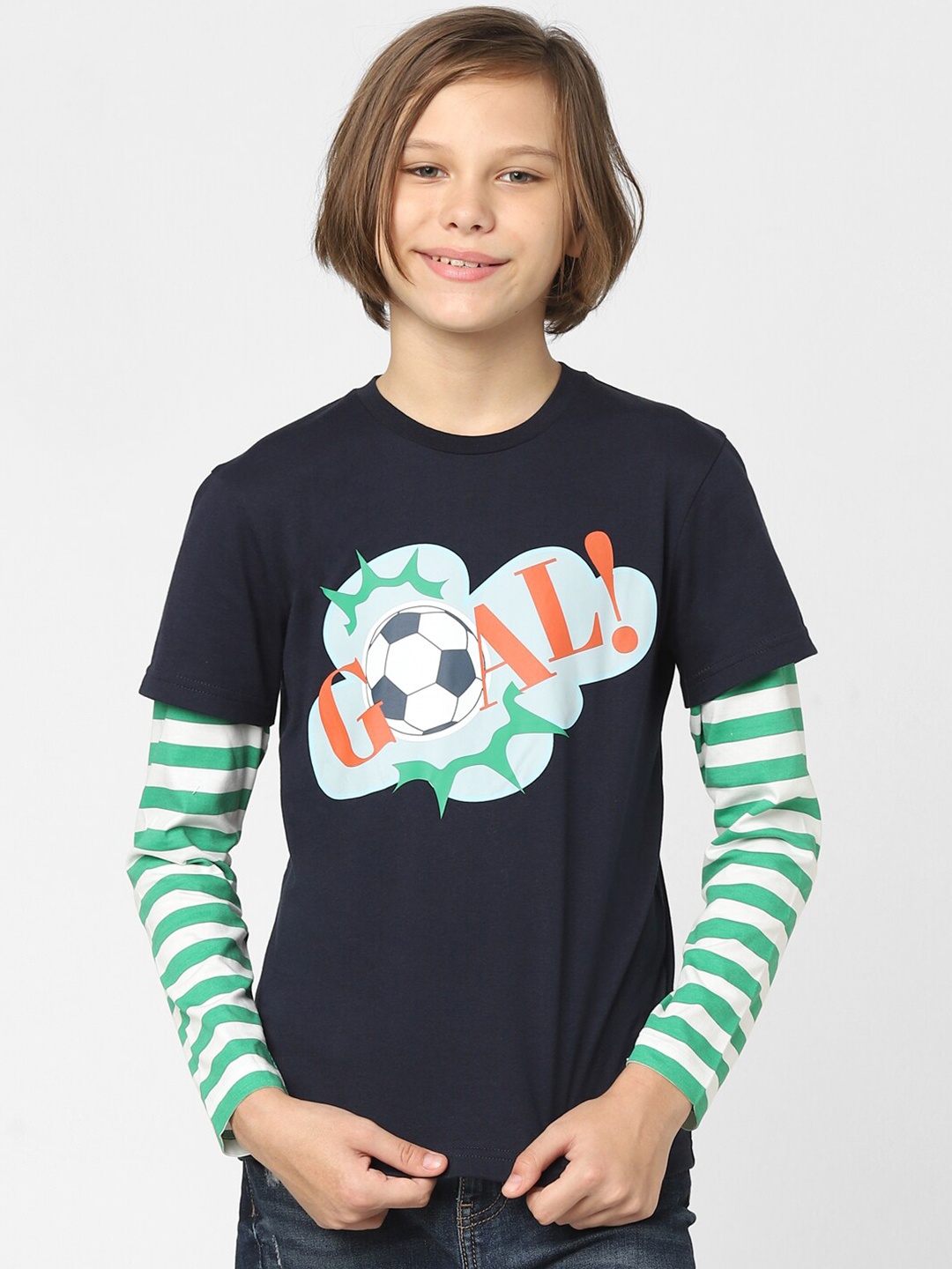 

Jack & Jones Junior Boys Navy Blue & Green Printed Cotton T-shirt