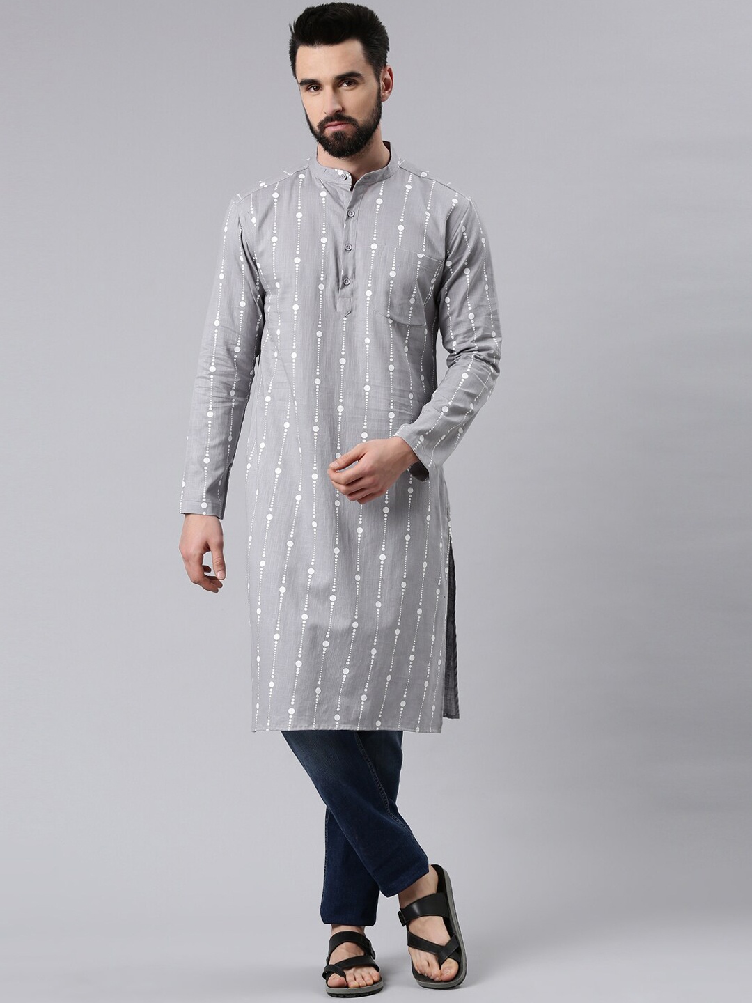 

Kryptic Men Grey Printed Cotton Kurta