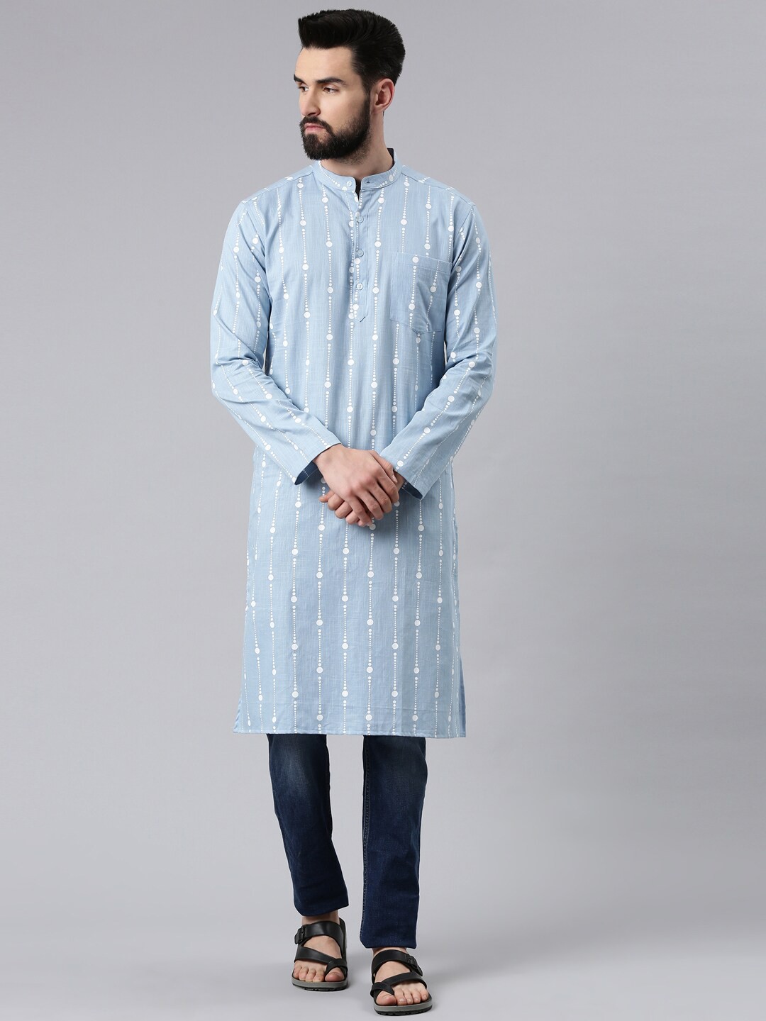 

Kryptic Men Blue Printed Cotton Kurta