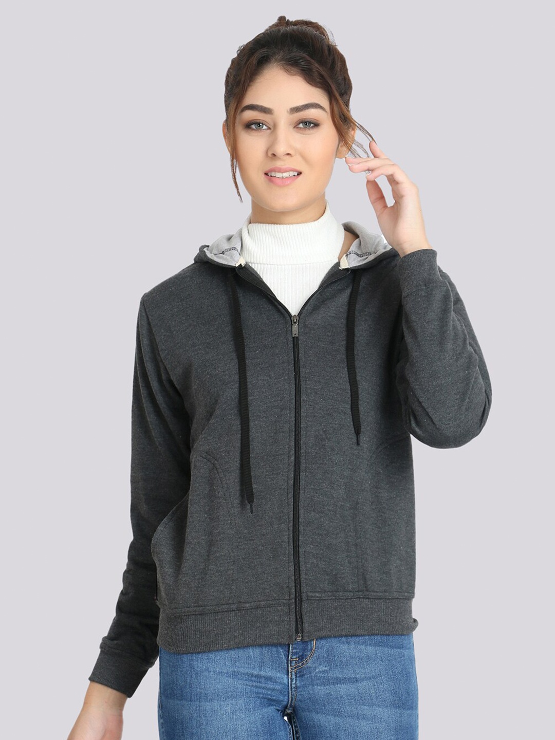 

TEEMOODS Women Charcoal Hooded Sweatshirt